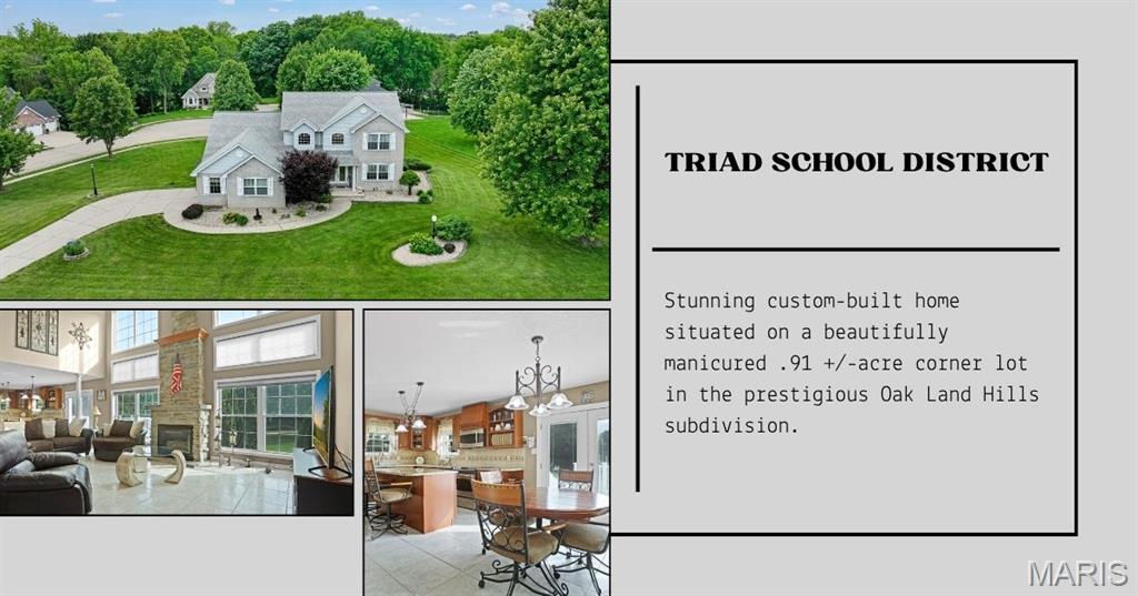 Welcome home to a lifestyle defined by comfort, elegance, and everyday moments that feel extraordinary. Situated on a breathtaking .91-acre corner lot in the prestigious Oak Land Hills subdivision, this custom-built, one-owner brick 1.5-story home offers the perfect blend of luxury, warmth, and functionality. From the moment you arrive, the park-like setting, mature landscaping, and timeless curb appeal create a sense of peace and privacy that immediately feels like home.

Imagine beginning your mornings in the spacious breakfast room as sunlight pours through the patio doors leading onto the maintenance-free deck. Sip your coffee while overlooking the expansive backyard, listening to the sounds of nature and enjoying the tranquility that only a property of this caliber can provide. Whether hosting weekend brunches, summer cookouts, or quiet evenings under the stars, the outdoor living spaces were designed to be enjoyed year-round.

Step inside and experience the dramatic two-story great room where floor-to-ceiling windows flood the home with natural light and frame picturesque views of the surrounding landscape. The soaring ceilings and stunning stone gas fireplace create a warm yet sophisticated gathering space where holidays are celebrated, memories are made, and guests naturally feel welcome. The formal dining room flows seamlessly into the great room, offering the ideal setting for everything from intimate dinners to large family gatherings.

At the heart of the home, the fully equipped kitchen combines style and practicality with solid surface countertops, a center island, pantry storage, and generous workspace. The open design keeps everyone connected, making it easy to prepare meals while still being part of the conversation. Nearby, a private office with French doors offers the perfect work-from-home space, library, or quiet retreat.

The main-floor primary suite provides the comfort and privacy every homeowner desires. Featuring a tray ceiling and spacious layout, the suite feels like a personal sanctuary at the end of a long day. The ensuite bathroom offers a spa-like atmosphere with a double vanity, jetted soaking tub, and separate shower designed for relaxation and convenience.

Upstairs, additional spacious bedrooms with walk-in closets provide room for family and guests alike, while the Jack-and-Jill bathroom adds both charm and functionality. A cozy sitting room overlooking the two-story great room below creates the perfect reading nook, lounge area, or additional gathering space.

The finished lower level expands the possibilities of this incredible home even further. The large open family room features a second gas fireplace and direct access to the spacious concrete patio, creating the perfect extension of the home for entertaining or relaxing. The flexible layout offers endless opportunities to customize the space to fit your lifestyle — whether you envision a recreation room, media room, game area, fitness space, bar room, or all of the above. An additional flex room could easily accommodate a pool table or even become a fourth bedroom with modifications.

Storage is abundant with the expansive 36’ x 13’ unfinished utility room complete with double doors leading directly into the yard, making it ideal for hobbies, lawn equipment, workshop space, or future expansion.

More than just a house, this is a home designed for living well. It is a place where mornings begin peacefully, holidays are celebrated beautifully, and everyday moments become cherished memories. With its exceptional craftsmanship, versatile living spaces, stunning outdoor setting, and sought-after location in Oak Land Hills, this remarkable property offers the rare opportunity to enjoy both luxury and comfort in perfect harmony.

This is more than the next place you live, it is the place where life happens.