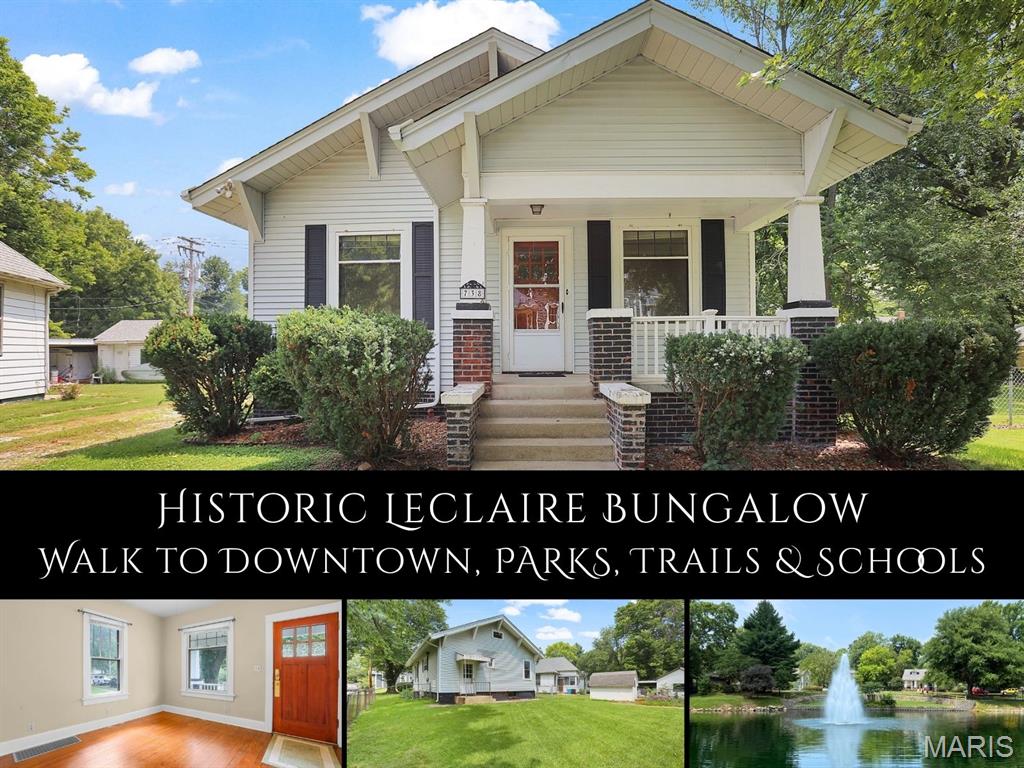 Nestled along a quiet, tree-lined street in Edwardsville's beloved historic Leclaire neighborhood, this charming bungalow offers timeless character just moments from local shops, restaurants, scenic trails & everyday conveniences. Enjoy an easy stroll to nearby Leclaire Park, where peaceful mornings can begin with tranquil lake views, the gentle sounds of nature & the familiar sight of resident ducks gliding across the water. A welcoming covered front porch invites slow mornings with coffee & friendly neighborhood waves. Inside, original hardwood floors, abundant natural light & classic architectural details create a warm, inviting atmosphere. The spacious living room flows effortlessly into a formal dining room or flexible gathering space, perfect for hosting, working from home or pursuing creative hobbies. The cheerful eat-in kitchen blends vintage charm with everyday function, featuring soaring ceilings, open shelving, pantry storage, retro cabinetry & plenty of room to add a center island. Two generously sized bedrooms & a full bath complete the main level. Step outside to a fully fenced backyard with room to garden, entertain or simply unwind beneath the open sky, while the charming cottage-style shed provides convenient storage for tools & outdoor essentials. The lower level offers abundant storage & laundry space. Rich in character, full of possibility & ideally located in one of Edwardsville's most cherished neighborhoods, this is a place you'll love coming home to.