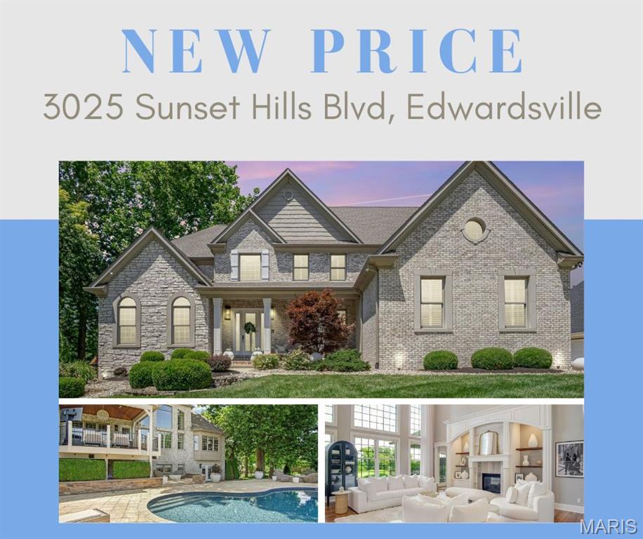 Step into refined elegance and resort-style living in this extraordinary six-bedroom, six-bath estate, perfectly positioned on the 13th fairway of Sunset Hills Golf Course in the highly sought-after Edwardsville School District. This 1.5-story masterpiece showcases timeless design and modern updates throughout, offering both sophistication and comfort at every turn. A grand two-story foyer sets the tone, flanked by a private office and an elegant dining room, while a dramatic wall of windows fills the great room with natural light and sweeping golf course views. The chef’s kitchen is thoughtfully designed with expansive workspace, high-end finishes, and a walk-in pantry, seamlessly connecting to a warm and inviting hearth room accented by stunning wood beams and access to a covered porch—perfect for year-round enjoyment. The main-level primary suite is a true retreat, featuring a luxurious bath and a custom-designed walk-in closet. Upstairs, you’ll find three spacious bedrooms, a bonus room, two full baths, and a convenient second laundry area. The finished walk-out lower level offers exceptional versatility with a full bar, family room, game area, two additional bedrooms, a full bath, another laundry space, and ample storage. Outdoors, indulge in your own private oasis with an in-ground salt water pool, fire pit, and expansive patio—all set across two lots totaling .760 acre within the prestigious Sunset Hills Estates subdivision. With close proximity to top-rated schools, shopping, and interstates, this home offers the perfect blend of luxury, location, and lifestyle. Custom features abound—ask your agent for the full list and discover the unmatched opportunity this remarkable home provides.