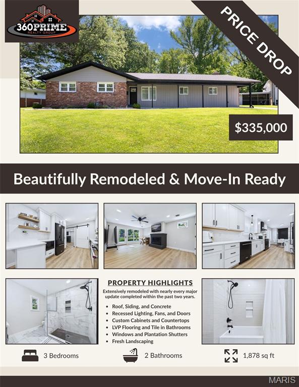 Welcome to this stunning, move-in-ready all-brick ranch located in the highly sought-after Grandview neighborhood of Edwardsville. Thoughtfully remodeled from top to bottom over the past two years, this home seamlessly blends timeless construction with today's modern finishes and design trends.

From the moment you arrive, you'll appreciate the curb appeal. A newly paved driveway wraps around to the rear of the home, while fresh landscaping, a spacious front and back yard, and a charming covered front porch create a warm and inviting first impression.

Step inside to discover a bright, open-concept floor plan featuring luxury vinyl plank flooring, updated baseboards, and fresh paint throughout. The striking charcoal brick accent wall at the entry beautifully complements the matching charcoal brick fireplace, creating a cohesive and modern aesthetic. The spacious dining and breakfast areas flow effortlessly together, providing plenty of room for everyday living and entertaining.

The beautifully remodeled kitchen is truly the centerpiece of the home. Featuring custom cabinetry, granite countertops, plantation shutters, and sleek black stainless-steel appliances, this space offers both style and functionality that today's buyers are searching for.

Just beyond the stylish barn door, you'll find a dedicated laundry room and an expansive hearth room anchored by a newly finished fireplace. Whether you envision a cozy gathering space, game room, children's play area, home office, or secondary family room, this versatile space can adapt to your lifestyle.

The home's spacious family room continues the open flow and is ideal for hosting family and friends. Large windows and an oversized sliding glass door flood the space with natural light while providing direct access to the backyard. The generous concrete patio area offers endless possibilities for outdoor entertaining, dining, or creating your own backyard retreat.

Down the hall, the fully remodeled guest bathroom showcases custom cabinetry, granite countertops, updated flooring, a beautifully tiled shower surround, and modern fixtures. Two generously sized secondary bedrooms offer ample closet space and continue the home's elegant design with plantation shutters and updated finishes.

The primary suite serves as a true retreat. Featuring dual closets and a beautifully renovated ensuite bathroom, this space offers the comfort and luxury buyers desire. The spa-like bathroom includes a large walk-in tiled shower, double vanity, custom cabinetry, and abundant storage space.

Beyond the cosmetic updates, this home provides peace of mind with extensive improvements throughout. Nearly every surface and major component has been addressed over the past two years, from the roof to the concrete improvements surrounding the property. The unfinished basement presents an incredible opportunity to add even more living space, whether you're envisioning a recreation area, home gym, workshop, or future finished lower level tailored to your needs.

Located just minutes from the exciting revitalization of Downtown Edwardsville, this exceptional property offers convenient access to top-rated schools, walking and biking trails, the YMCA, parks, shopping, dining, golf, and everything that makes Edwardsville one of the most desirable communities in the region.

This is a rare opportunity to own a fully updated, all-brick ranch in an established neighborhood where the major work has already been done. Simply move in and enjoy.