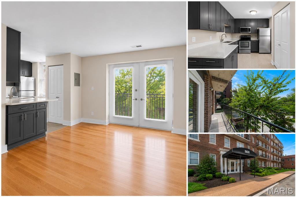 Enjoy stylish, low-maintenance living in the heart of the vibrant DeBaliviere neighborhood with this beautifully updated second-floor 1-bedroom, 1-bath condo. Just moments from Forest Park, MetroLink, neighborhood restaurants, and the Central West End, this home puts some of St. Louis’ best amenities within easy reach. Inside, the bright, open living and dining space features gleaming hardwood floors, fresh neutral finishes, and access to a private balcony—perfect for morning coffee or unwinding at the end of the day. The renovated kitchen combines style and function with custom gray cabinetry, Pitaya White quartz countertops, stainless steel appliances, under-cabinet lighting, and convenient in-unit combination laundry. The spacious bedroom features plush carpeting and generous closet storage, while the updated bathroom continues the contemporary look with a quartz-topped vanity, modern fixtures, tiled tub surround, and gray tile flooring. Additional updates include new lighting, doors, blinds, closet shelving, digital thermostat, and HVAC replaced in 2020. The unit also includes an assigned gated parking space (#15), private keyed storage near the first-floor elevator, shared bike storage, and access to additional laundry facilities on each floor. With thoughtful updates, private outdoor space, gated parking, and an unbeatable location near Forest Park and MetroLink, this move-in-ready condo offers an ideal combination of convenience, style, and city living.