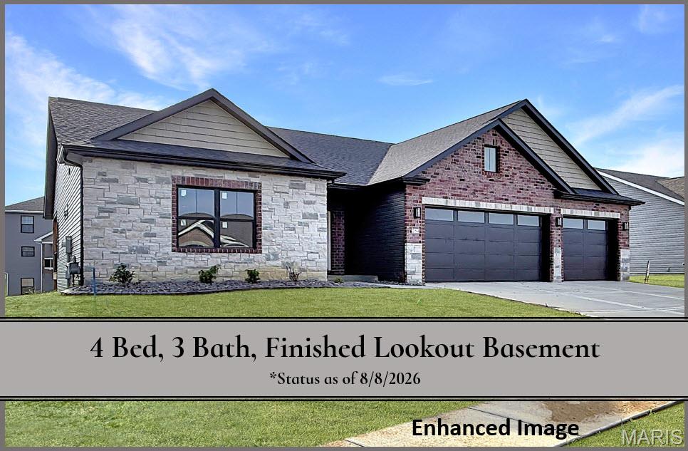 MERIDIAN OAKS (GLEN CARBON, IL) • EDWARDSVILLE SCHOOLS Don’t miss your opportunity to own a 4-bedroom, 3-full-bath home in the highly sought-after Meridian Oaks community, located within the award-winning Edwardsville School District. This beautifully finished home offers an open-concept layout with a large living room featuring a vaulted ceiling and a gas fireplace with surround—creating a warm, welcoming centerpiece for everyday living and entertaining. The upgraded kitchen includes granite countertops, an oversized center island, white cabinetry, and a generous pantry, offering exceptional storage and prep space. The primary suite provides a private retreat with dual vanities, a large tile shower, and a walk-in closet. A split-bedroom design adds privacy and convenience, paired with two additional main-floor bedrooms and a full bath. The LOOKOUT lower level expands your living space with a spacious family room, dedicated game or bonus area, a fourth bedroom, and a full bath—ideal for guests, extended family, hobbies, or work-from-home flexibility. Outdoor living is enhanced by a covered deck off of the main level, overlooking a large backyard, perfect for grilling, gatherings, and play. Additional highlights include main-floor laundry and a 3-car garage for vehicles, storage, or workspace. Meridian Oaks offers a prime location close to bike trails, dining, shopping, and vibrant local nightlife, along with easy access to major commuting routes. This home delivers the right combination of space, convenience, and community lifestyle. Schedule your private tour with your favorite agent today and experience everything this home has to offer. FINISHED PHOTOS ARE OF A COMPLETED MODEL AND THOSE FEATURING FURNITURE ARE VIRTUALLY STAGED AND FOR DEMONSTATIVE PURPOSES ONLY. MOST NOTABLY, THIS HOME HAS BROWN CABINETS INSTEAD OF THE WHITE FEATURED IN THE PHOTOS OF THE FINISHED MODEL.
