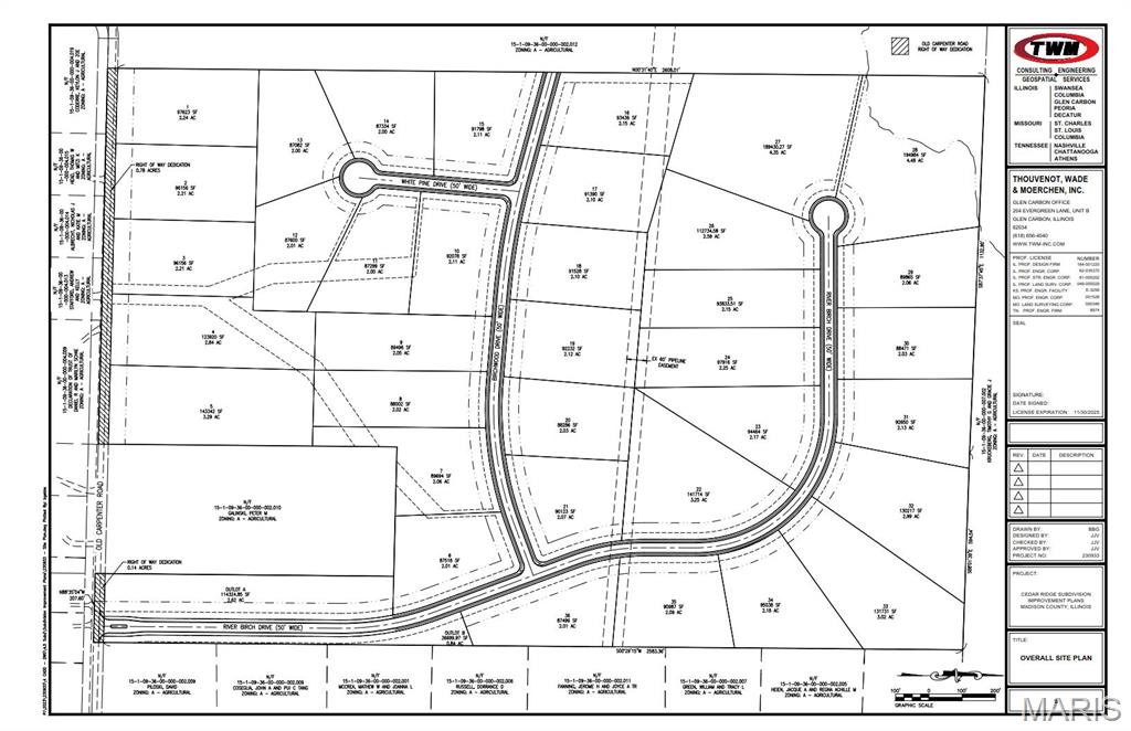 Cedar Ridge Subdivision is a premier opportunity for rural living close to town. It encompasses 96 acres and features 36 generously sized lots ranging from 2 to 4.5 acres. Strategically located in incorporated Madison County off Old Carpenter Road, Cedar Ridge is just 1.5 miles from city limits, offering the perfect blend of convenient access to town and the privacy of expansive lots in a rural setting.
Cedar Ridge will offer top-notch amenities, including asphalt streets, curbs and drainage gutters, streetlights, and sidewalks, ensuring a high-quality living experience for all residents. The project engineer has dubbed it a "Cadillac Rural Subdivision" of Edwardsville. Don't miss your chance to turn your home-building dreams into reality, contact your favorite agent today! For more information about this development, visit cedarridge.net Additional Rooms: In Platted Subdv.