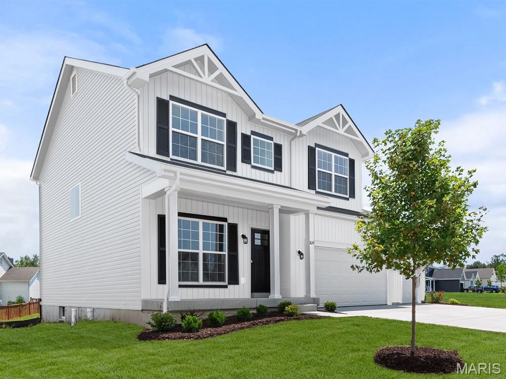 New McBride Homes Sterling 4BR 2.5BA will be move-in ready this summer! Farmhouse exterior! Perfect for entertaining, the main level features wood laminate flooring, 6-ft windows, and an open layout. The extended kitchen includes a center island, quartz countertops, Dark 42” cabinets, walk-in pantry, and stainless-steel GE appliances. The dining area opens to the backyard through a sliding glass door. Upstairs, you’ll find the primary suite with a walk-in closet, a private bath with a walk-in shower, double sinks & linen closet. Three additional bedrooms, full bath & laundry area add convenience. LL includes a ¾ bath rough-in for future finish. Winding Meadows offers new homes w/a serene country feel, minutes from Gravois Bluffs & in the Northwest School District. With easy access to Hwy 141, 30, & I-270 for shopping/entertainment. Enjoy peace of mind with McBride Homes’ 10 year builders warranty & incredible customer service! Similar photos shown.