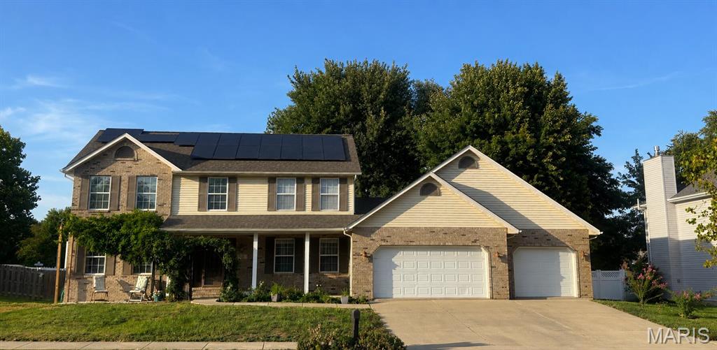 Spacious 4-bedroom, 2.5-bath two-story home in desirable Fairwood Hills featuring a finished basement, 3-car garage, and large fully fenced backyard with mature shade trees. The main level has LVP flooring, formal dining, office/flex space, and a spacious living room with a brick gas fireplace. The kitchen includes an eat-in area and refrigerator, oven, microwave, and dishwasher purchased in 2023. Upstairs, the primary suite features a vaulted ceiling, a walk-in closet, a double vanity, and a soaking tub. The finished basement provides a large recreation/family area, an additional room, and plumbing rough-in for a future bathroom. Enjoy an expansive concrete patio and a stone fire pit in the fenced backyard. Major updates include a new roof installed in August 2026 and a water heater replaced in December 2023. Home also features a solar energy system.