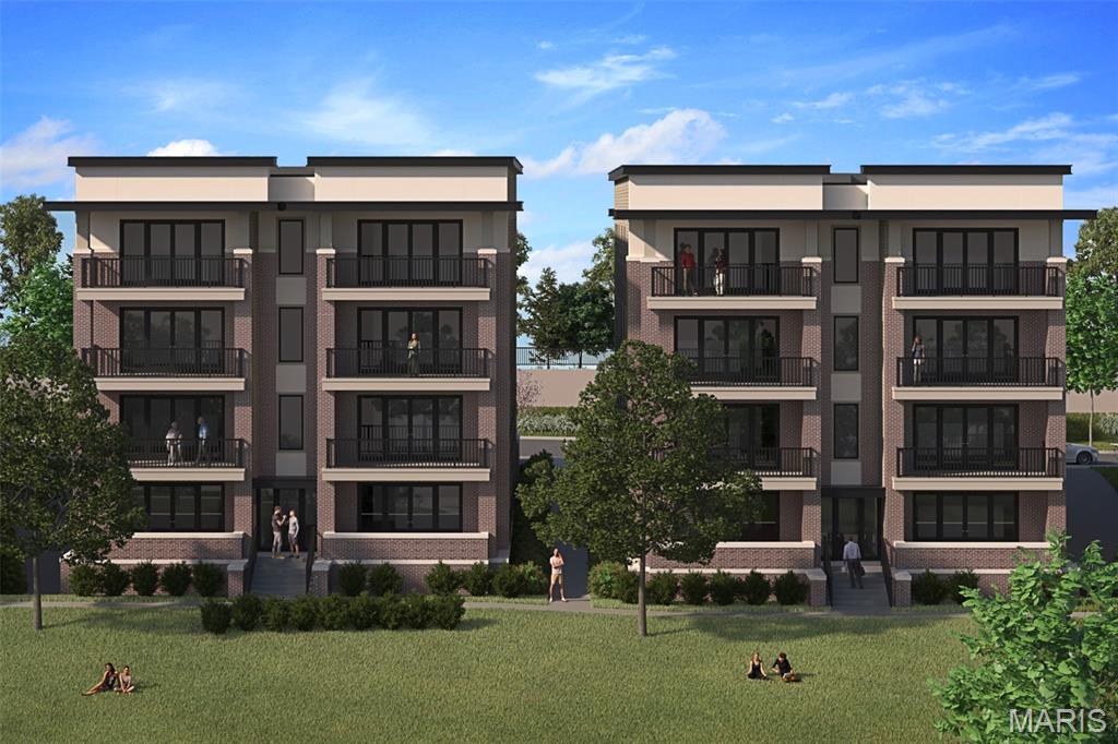 New Town & Country upscale condominium floorplan by McBride Homes featuring 2BR, 2.5BA will be ready spring 2027 at Hwy 141 and 40! 1st floor unit with black sliding glass doors and ceiling fans in the living room and primary bedroom, plus transom windows in the primary. Open concept living with expansive ceilings & wood laminate flooring throughout entire unit. Kitchen with level 6 Winstead cream cabinets with bronzed gold hardware, quartz counters & backsplash, GE stainless steel appliances, 36” gas cooktop, single wall oven, microwave & island w/breakfast bar. Primary bedroom walkin closet, ceiling fan, private bath and walkin shower. Second bedroom w/ceiling fan, walkin closet & private bath. Extras include laundry rm, half bathroom, storage closets, and bronzed gold fixtures. Each building is elevator-accessible w/secured lobbies, underground parking, & only two residences per floor. Renderings shown.
