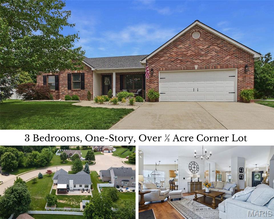 Welcome home to this beautiful one-story nestled on a spacious (over half acre) corner lot in Troy. Located in the sought after Stonebriar subdivision. Step right in and notice the open floor plan from the foyer, dining room and living room. Vaulted ceilings and beautiful fireplace. You will love the spacious kitchen with an 
abundance of cabinets plus all appliances staying. Spacious main floor laundry. 3 bedrooms, 2 full baths, 2 car attached garage. Primary suite has spacious walk-in closet & full bathroom. Enjoy the amazing yard featuring a covered patio plus stamped concrete patio, fenced backyard & shed. Ideal for relaxing and entertaining! Unfinished lower level with plenty of storage and endless possibilities - includes rough-in for bathroom. More updates include Roof (2026), Hot Water Heater (2021), LVP flooring. Just minutes to Hwy 55/70/270 and Troy O'fallon Rd for quick commutes to Scott AFB and St Louis!