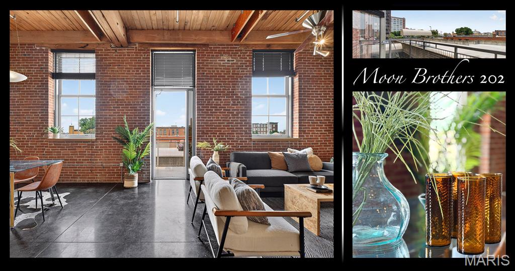 Some lofts simply check the boxes. Others capture a feeling the moment you walk through the door. This authentic loft at Moon Brothers Carriage Lofts is unmistakably the latter, blending the warmth of soaring timber ceilings and columns, exposed interior brick, polished concrete floors, and oversized west-facing windows into a space that's rich with the character that downtown loft buyers covet. Originally constructed as the manufacturing home of the Moon Brothers Company, where elegant horse-drawn carriages were built before the company evolved into producing some of America's earliest automobiles, the building's industrial heritage still lives on throughout the architecture. As the sun begins to set, the west-facing exposure sets the mood for the evening, and with the lights on dimmers, the loft takes on the unmistakable ambiance that makes authentic city living so appealing. The open floor plan centers around a spacious kitchen with stone countertops and an island that comfortably seats three, making it equally suited for entertaining or quiet nights in. On beautiful days, prop open the BALCONY door and let a refreshing breeze drift through the living space, creating that effortless indoor-outdoor lifestyle that's hard to find in any downtown dwelling. Even the guest bathroom carries authentic loft character with its exposed interior brick—a charming architectural detail rarely found in spaces like this. Thoughtful conveniences, including a private laundry room with washer and dryer included, additional private storage, and a COVERED GARAGE PARKING SPACE, make everyday living just as enjoyable as the aesthetic. With only 43 residences, Moon Brothers Carriage Lofts offers the intimacy of a boutique community, complete with a private enclosed pet relief area, a rooftop deck with city views, and neighbors who quickly become familiar faces and friends.