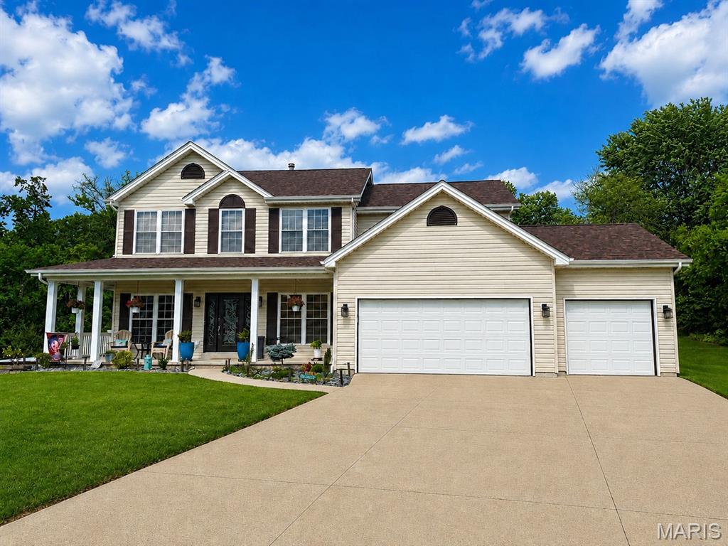 New attractive pricing!!  Amazing home and property!  In ground saltwater pool oasis in the huge backyard nearly a half acre.  The yard backs to the Great Rivers Greenway path for walking/running, biking, that goes for miles through multiple local beautiful scenic parks.  Pro pics coming soon!!  Finished walkout basement with a proper mother in laws quarters, huge bedroom, living room/family room spaces, kitchenette, full bathroom, it's soooo nice!  Beautiful front landscaping and wrap around covered porch.  3 car finished garage, new garage doors, 220v car charging circuit installed.  Sellers have done lots of upgrades to this former Tom Johnson display home.  Granite in the kitchen, newer appliances, double oven, sliding glass doors, newer roof, 3 year old furnace, water heater, A/C, upgraded primary suite bathroom......and the list goes on and on.  Located on a great court this home and property is a must see.