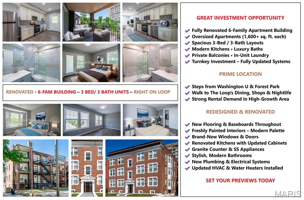 Spacious and fully renovated 3-Bedroom, 1-Bathroom condo offering over 1,600 sq ft of modern living space in the heart of the Delmar Loop. Ideal for roommates. UPDATED & REFRESHED • Versatile Floor Plan • Refinished Hardwood Floors • Professionally Painted Interiors • New Windows & Doors • Updated Bathrooms • Modernized Kitchens •  New Plumbing & Electrical Systems - And So Much More… Located just minutes from Washington University in St. Louis and offering unbeatable walkability to Starbucks, Fitz's, Blueberry Hill, Tivoli Theatre, Moonrise Hotel, Vintage Vinyl, and the rest of the Delmar Loop’s shopping, dining, and entertainment, as well as convenient access to public transportation.