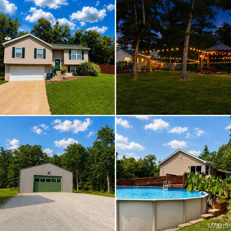 Welcome home to this beautifully updated **3-bedroom, 2.5-bath home on 3.04+/- acres**, offering an incredible combination of stylish interior updates, multiple garage spaces, and a **backyard oasis that is truly difficult to duplicate**.

The outdoor living space is an absolute showstopper, featuring a covered patio with electric and a dedicated spot for an outdoor TV, plus an impressive **20' x 48' patio providing nearly 1,000 square feet of outdoor entertaining space**. Enjoy the above-ground pool with deck, mature trees accented with string lights, and a one-of-a-kind covered fire pit gathering area created from a converted grain bin. Whether you're hosting summer parties, watching the game outside, relaxing by the pool, or gathering around the fire in the evening, this backyard feels like your own private retreat.

Inside, the beautifully updated kitchen is the heart of the home and features **42-inch upper cabinets with crown molding, granite countertops, stainless farmhouse sink, custom backsplash, and a massive center island** with abundant storage and breakfast-bar seating. A handcrafted wood ceiling feature with pendant lighting adds warmth and character, while the bay window brings in plenty of natural light. The kitchen opens to the great room, highlighted by an **electric fireplace with custom surround**.

The main level offers a spacious primary suite with private bath and walk-in closet. The second main-level bedroom is exceptionally large, created by combining two former bedrooms, and includes an oversized walk-in closet.

The lower level provides even more living space with a third bedroom featuring its own **half bath and walk-in closet**, along with a large laundry room offering plenty of additional storage.

An oversized, insulated 2-car attached garage includes a hookup for a future sink. Additional features include **luxury vinyl plank flooring throughout most of the home, a water softener, and HVAC updated in 2021**.

Need even more garage or shop space? The **30' x 40' detached garage** features a concrete floor, **220-volt electric, 30-amp RV hookup, and an overhead garage door with opener**.

Just minutes from I-70 and area schools, this property offers the rare combination of **3+ acres, beautiful interior updates, exceptional outdoor living, a pool, multiple garage spaces, and room to enjoy the country lifestyle**. This is more than a home. It is a place to entertain, unwind, and enjoy a setting you simply do not find every day.