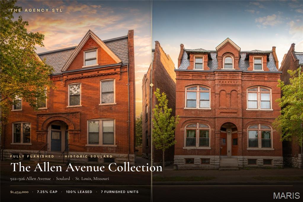 100% LEASED | FULLY FURNISHED | 7.25% CAP ON ACTUAL T-12. A turnkey 7-unit income package in the heart of historic Soulard that simply performs. Offered at $1,434,000 on $142,510 in-place income, $154,200 gross potential, and $103,934 actual T-12 NOI. Three all-brick residences (922-926 Allen) were taken to the studs in 2018 - new HVAC, electric, plumbing and roof - and are leased FURNISHED to traveling nurses and corporate professionals whose rent is paid by employer housing stipends: premium rents with a zero-collection-loss track record. Every home delivers in-unit laundry, updated kitchens, hardwood floors, central air and private decks/patio, plus off-street parking and basement storage. THE UPSIDE: SSM Health SLU and BJC/Barnes-Jewish hospitals are minutes away (endless travel-nurse demand), and Soulard has virtually NO hotels - so these turnkey furnished units can flip to short-term/Airbnb on day one (seller has never operated STR). Walk to McGurk's, Molly's, the Farmers Market and the Anheuser-Busch Brewery in St. Louis's most walkable, Mardi Gras-famous neighborhood. Renovated, leased, stipend-backed and priced to move.