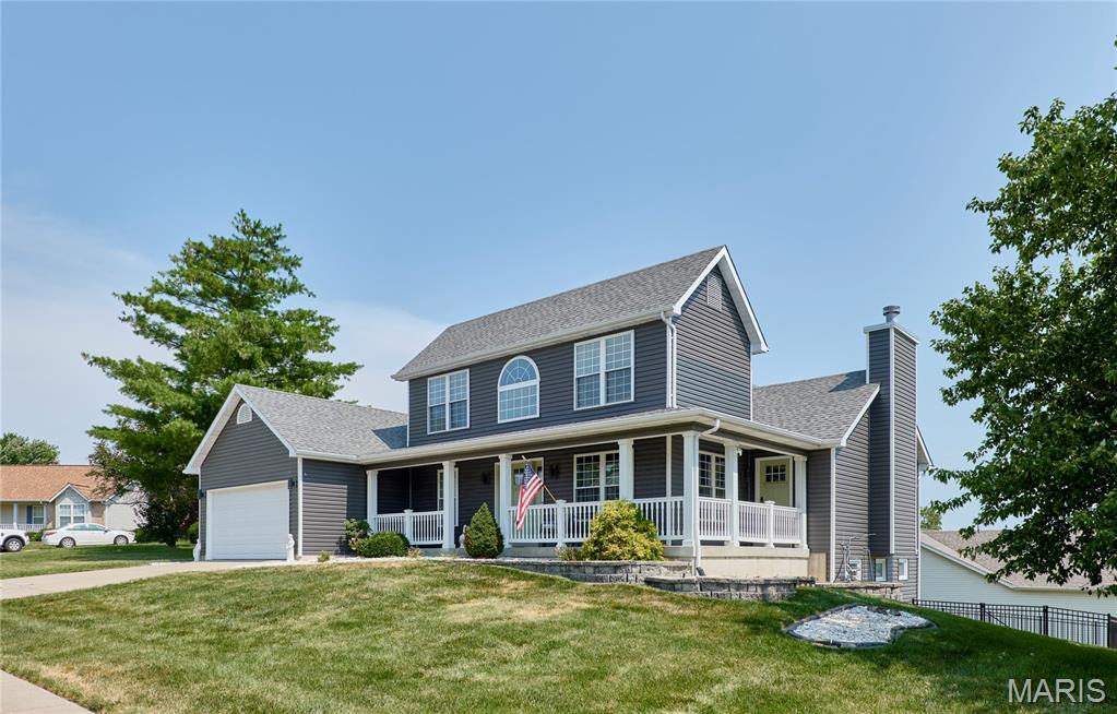 Too much to list about this 1.5 story 4bed, 3.5 bath  Dardenne Prairie home. Lets start with the coveted floor plan of main floor master bedroom, with nice size  3 bedrooms, and full bath on second level. Main floor laundry. New siding in 2023, new windows, deck, and exterior doors in 2024. New  carpet, interior paint,  and furnace in 2026. Updated Master bedroom, and bathroom in 2025.  This former display home comes with all the bells and whistles. Covered porch that stretches from the front entry to the side of house.  Built in bookshelves surround the fire place in the family room. The natural light from the  wall of windows highlights the beautiful hardwood floors. Office with french doors next to the 2 story vaulted  entrance with chandelier. Open floor plan kitchen with island, and built in planning desk.  Full bathroom in the carpeted finished basement that boasts 9' pour concrete foundation which enhances the expansive feel of the space. Step outside of the basement walkout door on to the concrete patio which leads to the fenced in yard, or if you want to head up to the beautiful deck,  you take the elegant metal spiral staircase to enjoy the view. Subdivision amenities include 3 pools, clubhouse, walking trails, and lots more .Showings anticipated to start Fri afternoon. *Agent is related to seller* Showings to start Friday 8/7 after 4:00 p.m..