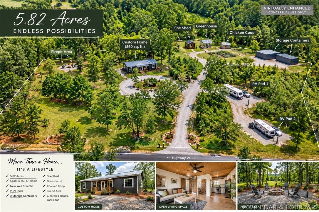 NEW LOOK – 5.82 ACRES OF POSSIBILITIES! Custom 560 SF home • New well & septic • 2 RV pads • Multiple outbuildings • Turnkey acreage retreat. Tucked away just off blacktop, this one-of-a-kind property offers 5.82 private acres thoughtfully set up for comfortable living, recreation, hobbies & more. The beautifully crafted 560 SF home features quality finishes, custom cabinetry, gas range, jetted tub, wood flooring, vaulted ceiling & 2 mini-splits. The property also includes 2 RV pads with full hookups, 2 steel storage containers, greenhouse, garden areas, stylish She Shed with heat/AC, bird coop, firepit, small shop/tool shed & young magnolia, peach & elderberry trees. Whether you're looking for a full-time residence, weekend getaway, homestead, hobby farm or private retreat, this turnkey property offers privacy, functionality & ROOM TO BUILD! Just minutes from Lake of the Ozarks, Coffman Beach boat ramp, shopping & restaurants.