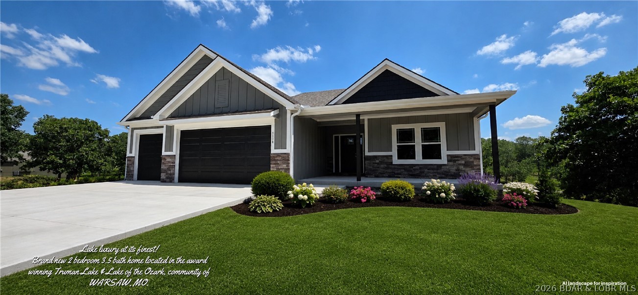 Voted one of the top lake towns in the state of Missouri! This exquisite 3 brm 3 1/2 bath home has been meticulously crafted by Jim McGovern Homes, consistently celebrated for exceptional craftmanship & timeless design. The seamless open floorplan ensures guests can mingle across areas without feeling left out. The main living area boasts of hardwood floors, stone gas fireplace & soaring ceilings. A highly optimized kitchen is complete with custom cabinets, beautiful quartz counters & pantry. Rare 3 suite layout. This home features 3 large master bedrooms with ensuite & walk-in closet. Other features include main floor 1/2 bath, large mudroom & laundry room with beautiful custom cabinetry. Wonderful covered porch with maintenance free composite decking. Lower level showcases spacious family room with kitchenette, 3rd master suite, bath, three large storage rooms & a 16x16 unfinished room for 4th bedroom or golf cart garage. Lower level seamlessly flows out to an expansive patio with plenty of room for entertaining. Just a walk away from the newer community pool & beautiful Lay Park. Just a golf cart ride away from restaurants, boutique shopping & Award Winning Drake Harbor!