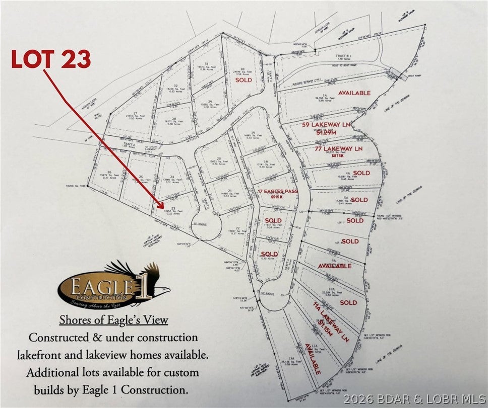 Build your dream home in the beautiful Shores of Eagles View! This second-tier lot offers scenic Lake of the Ozarks views in a highly desirable community. Bring your vision to life with a custom home by Eagle One Construction. Enjoy the convenience of a community dock and your own 12’ x 30’ boat slip, making lake days effortless. Whether you’re looking for a full-time residence or the perfect weekend getaway, this is an incredible opportunity to experience the Lake of the Ozarks lifestyle. Don’t miss your chance to own in this sought-after lake community!
