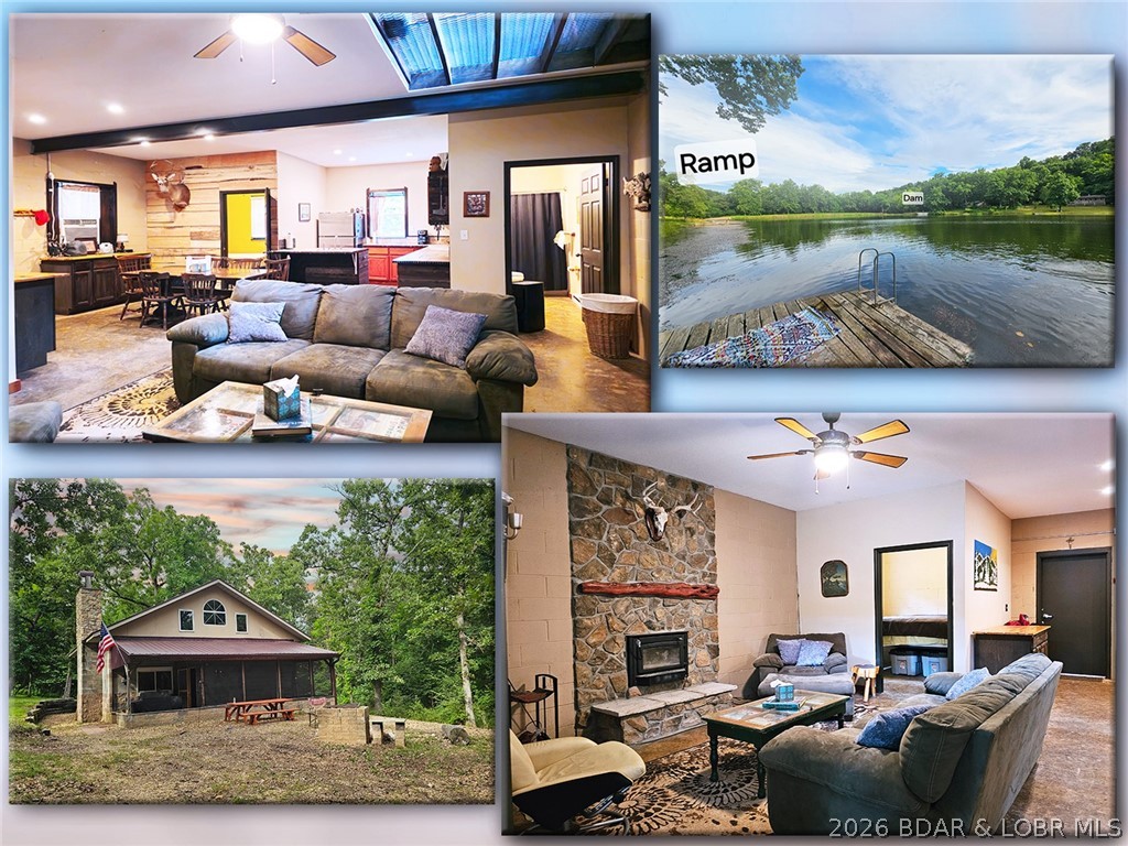 Perfect Retreat! Make this wonderful maintenance free cabin yours! Offering Beautiful Country Grounds on over 350 Shared Acres of Land - Enjoy Hunting, Trails, Hiking, Fishing, Swimming, Boating, Kayaking, Ice Skating & So Much More! This cabin has tons of space for gatherings w/ full Kitchen, Dining, Great Room, Full Bath (tank-less water heater) & 2 bds on the main & a huge room above w/bunks. Built in 2014 ~ 1630sq w/Stone, Hardie Siding, Vinyl Eaves, Metal Roof, Electric, Fiber-Optic Option, Wood-Burning Fireplace, Septic & Well, ~4 Acre Lake located ~200ft in front of cabin fed by Fresh Water Springs w/ Ramp, Dam & Swimming Docks, Deer Stands for hunting in a few different areas, Trails throughout the grounds for hiking, golf carts/utility vehicles, Creeks that run thru & a Cave to explore. (Crystal Lake Social Club has 20 members & 12 cabins - shared land/own the cabin). Located < 1 mile from Timber Ridge Winery, approx. 5 min. to Stover, 10 to Laurie, 25 to Buffalo Creek, 20 to Ozarks International Raceway & 30 to Loop Off-Road Park & Big Dicks on lake. 2 hrs to KC & 2.5 to STL. Turn-key. Land is not separated. Owner Financing Avail -can use as rental- Duplicate List 3584845