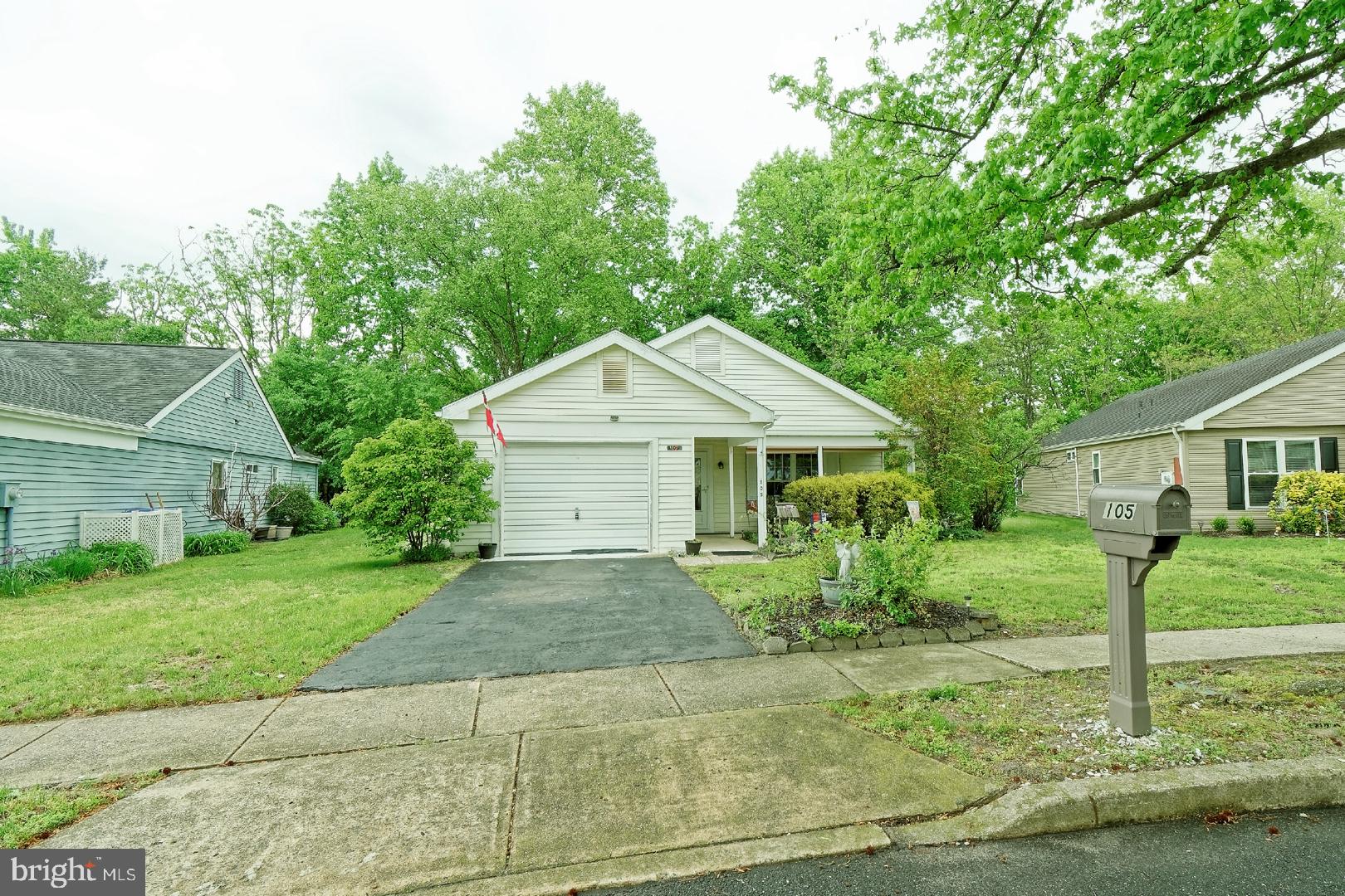 Spacious Ardmore model featuring 2 bedrooms and 2 full baths.  Island location so no problems pulling in and out of the driveway.  The interior layout is open with dining room and living room.  The kitchen has room for a small table if you choose. The garage was converted to a den/office and is a great room for watching all your favorite sports but the garage door still opens and offers plenty of storage for all your outdoor stuff.    Relax on the front porch or sit in the back yard which backs to trees.  Leisuretowne is an active adult community offering many activities to enjoy or you can just keep to yourself.  Either way the location is great with easy access to city and shore points. Property is being sold as-is.  Seller may need rent back to coordinate move out.