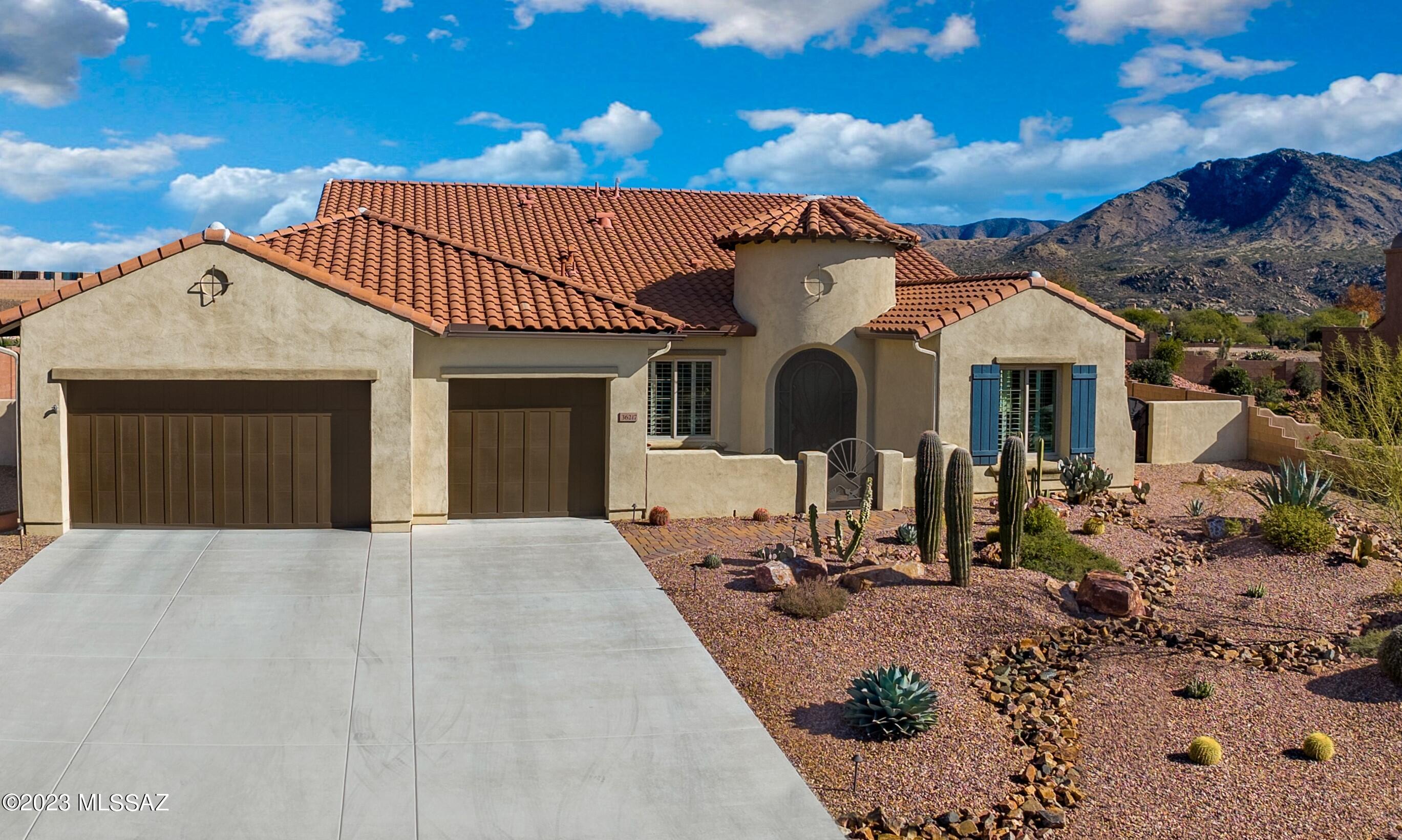 Upgraded 2017 Canyon located on .54 Acre Lot with Pool, Spa & Mountain Views. Front Courtyard with 2 Custom Gates. Tile Floors & Plantation Shutter Through Home. Light & Bright! Great Room with Surround Speakers. Gorgeous Kitchen with Quartz Counters, Stainless Appliances, Gas Cooktop, White Cabinets with pull-outs, Farmhouse Sink, Island & Pantry. Dining Area has Slider to Patio. Owner's Bedroom with Patio Door. Owner's Bathroom with Quartz Counter's, White Cabinets, Tub, Walk-in Shower & Closet. Powder Room, Den has Barn Door & Bonus Room with Door. Extended Guest Bedroom has Bathroom. Laundry Room has W/D, Sink & Storage. 3 Car Garage has Cabinets. Covered Paver Patio with extended Patio. 600 SF of Travertine Decking around Heated & Salt Water Pool, Spa & Firepit to enjoy day or night!