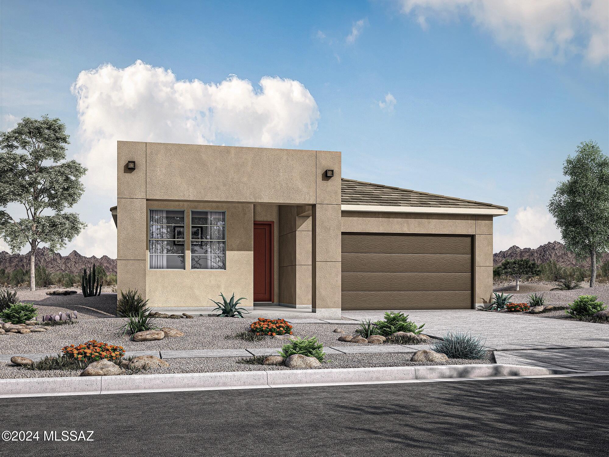 Charming Copper plan with Desert Modern elevation. Thoughtfully designed open greatroom layout with spacious dining area & kitchen. 3 bedrooms and 2 full baths. Enclosed den for privacy or study time. Owner's suite is a true retreat with generously sized walk-in closet, walk-in shower, vanity with twin sinks and view to backyard. The modern kitchen is equipped with a gas range, Whirlpool refrigerator, center island and a walk-in pantry for all your culinary needs. Laundry room is complete with Washer/Dryer. Includes faux wood blinds.