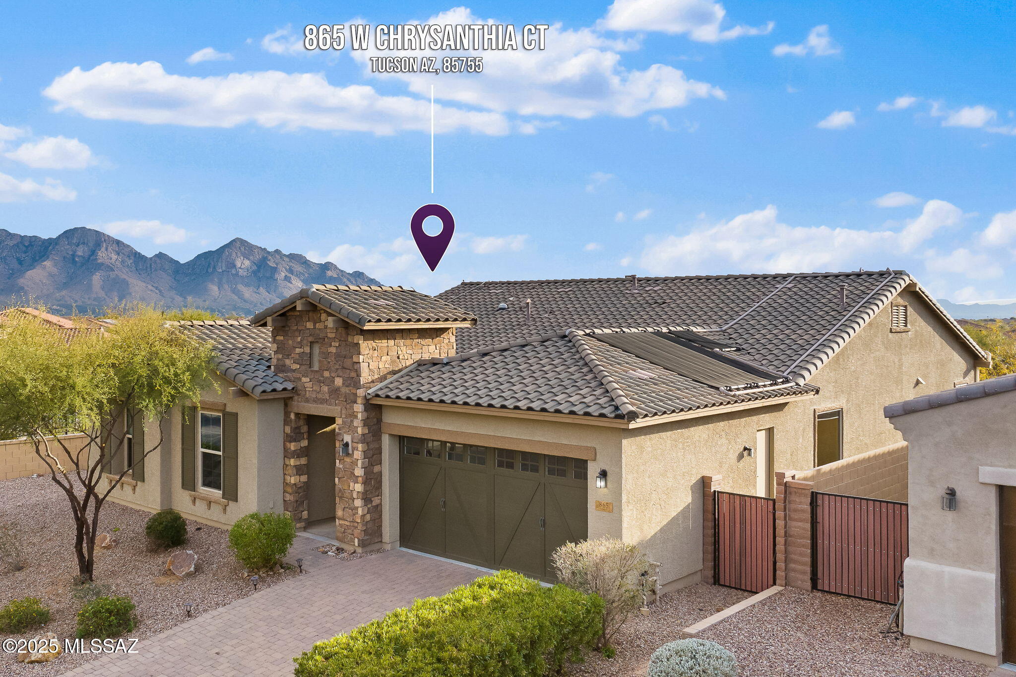 Location is key and this 2600+ sf single story Tuscan style home in a prime gated Oro Valley neighborhood checks all the boxes! Large corner lot is plenty of space for the family and supersized pool and hot tub in the backyard, as well as gardening beds and putting practice! Newer home offers a flowing floorplan including large great room with rustic gas fireplace off kitchen; high ceilings; spacious dining area; huge island with sink; 3 bedrooms and 3.5 bathrooms PLUS a den for easy living! And bedroom #3 has its own ensuitel Tandem 3 car garage adds additional storage, and fully owned solar means low utility bills year round. Neutral finishes allow you to easily make this home your own! Outstanding community amenities are an added bonus, and enjoy an easy commute to everything you need!