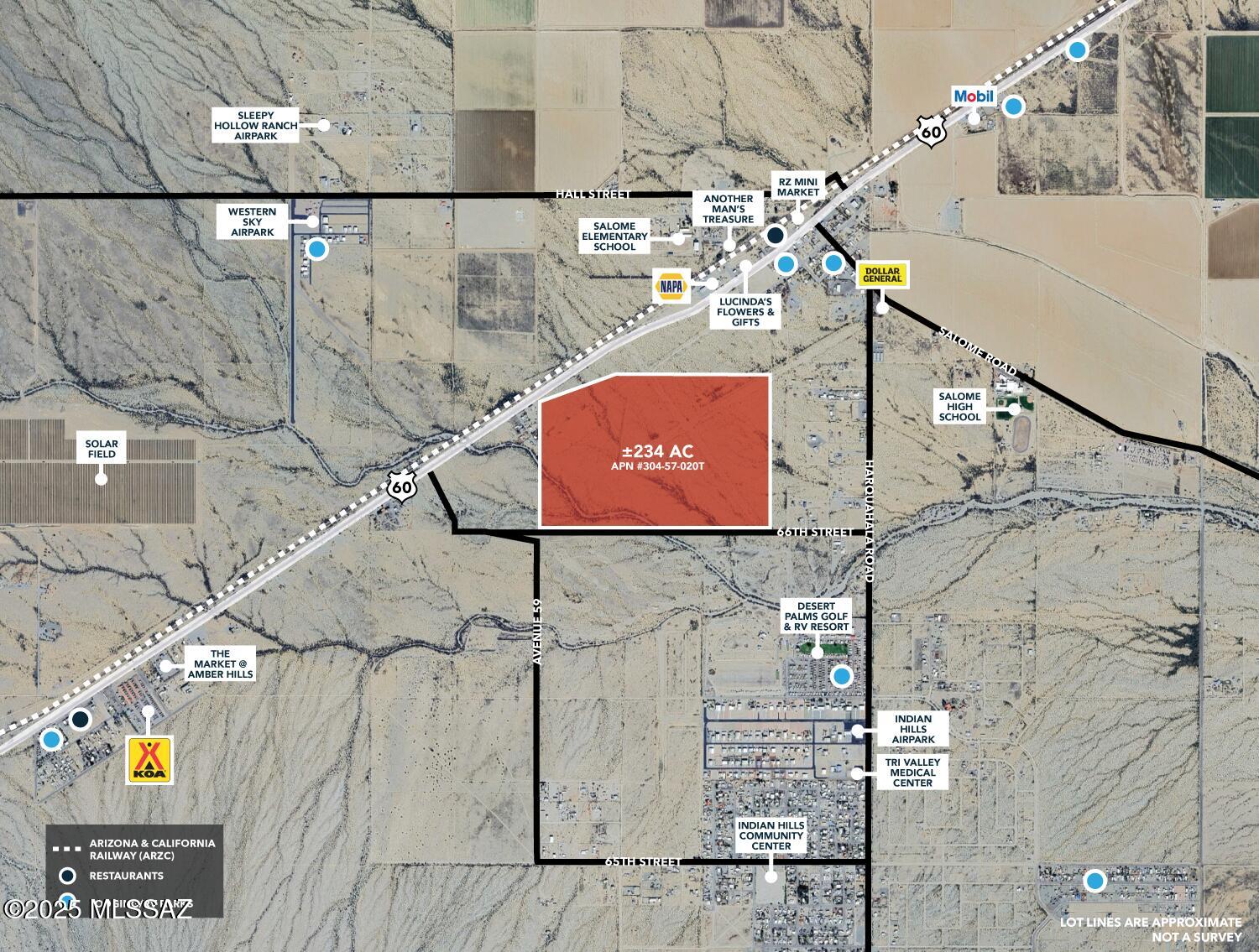 Prime ±234 Acres on Hwy 60 - Zoned for MH Subdivision or RV Park Don't miss this opportunity to develop ±234 acres of versatile land perfectly suited for a Mobile Home Subdivision or RV Park in Salome, AZ. Featuring high-visibility frontage along Highway 60, this property offers paved access, excellent exposure, and convenient utility availability both on-site and nearby. Just a short drive from Alamo Lake, this location attracts anglers, retirees, winter visitors, and outdoor enthusiasts looking for tranquility and wide-open desert scenery. Snowbirds love the peaceful, small-town atmosphere—far removed from the traffic and bustle of Phoenix. The property is not located within an AMA, providing more freedom for future water planning and development possibilities. A rare large-acreage parcel with strong potential for mixed-use, residential, or recreational projects in a growing region. Ask Broker for a detailed marketing brochure.
