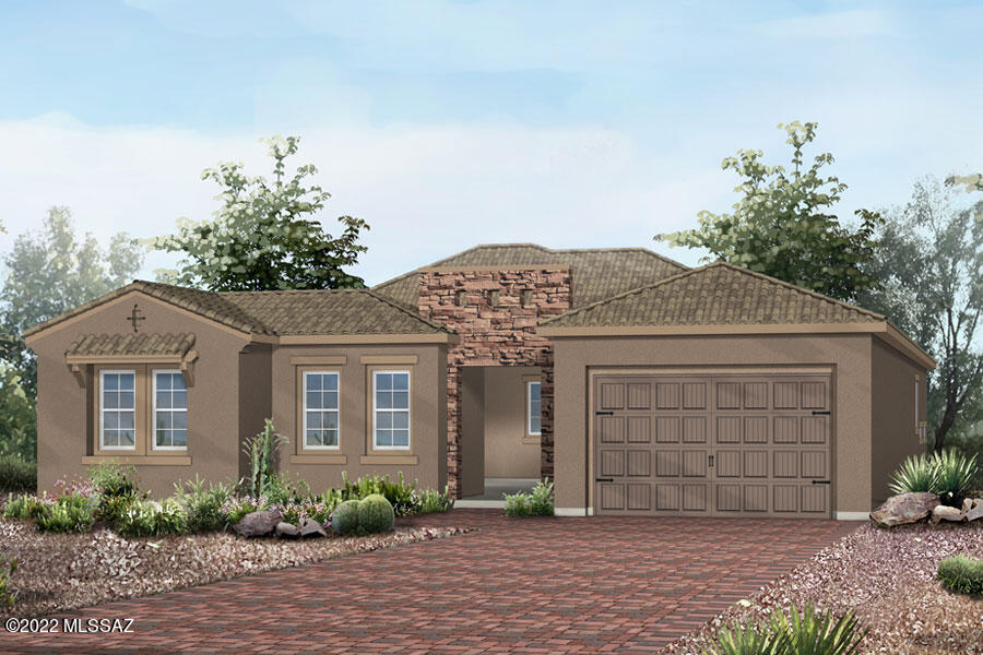Gorgeous Tortolita plan features Rustic Spanish style elevation. This home is a dream with 4 bedrooms, 3 full baths and a powder room, Teen Retreat, dining area, Mud room, 3-car tandem garage, large front courtyard and extended covered back patio with a 20' slider system! Gourmet kitchen includes: 36'' gas cooktop, electric oven, built-in microwave, granite counters, upgraded cabinets w Pots/Pans drawers, Recycle center and LED under cabinet lights, tiled backsplash & walk-in pantry. Owner's suite offers huge walk-in closet & tiled walk-in shower with spa niche. Additional features include: coffered ceiling in dining area, base laundry cabinet with sink, 2-tone paint, gas BBQ stub-out, paver entry walk, dirveway, courtyard & portico, additional hose bib.