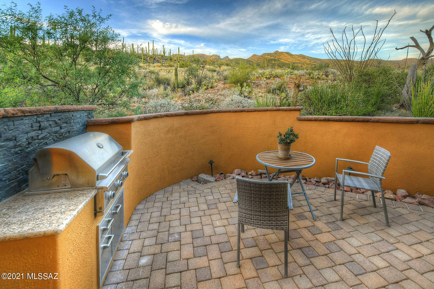 This gorgeous 3.6AC property was purchased and built on because of the city light views to the south and the stunning mountain views to the north. This 3,321 sqft, single-story open floorplan was designed and built in 2015 in a private high end gated community in the Tanque Verde Valley. Gourmet kitchen w/double ovens, 6 burner gas cooktop, custom cabinetry, butler's pantry, copper farmhouse sink & stunning granite countertops. Beautiful pavers lead to the detached oversized 3 car garage w 2-220V electric. ADA compliant with wide hallways roll in showers. North facing outdoor patio with built in BBQ surrounded by natural desert landscaping. Exterior painted Oct 2021, water purification system, Metal roof, solar hot water heater, pre-wired home solar & so much more!