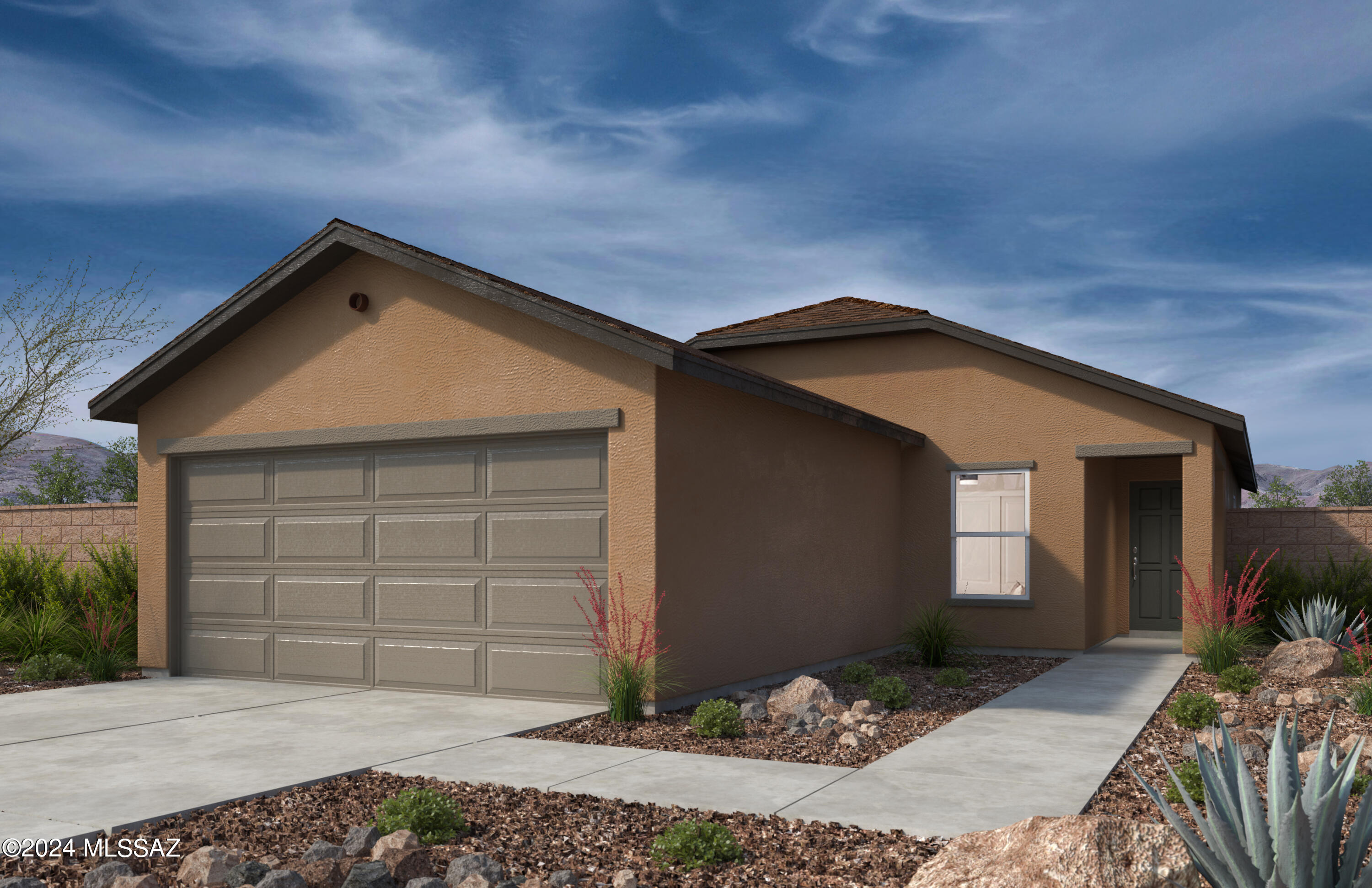 Set on this quiet cul-de-sac, this single-story home features an open floor plan with abundant natural light. The spacious great room leads to a covered back patio. The modern kitchen showcases dark brown birch cabinets with soft close doors, an island, walk-in pantry, and Whirlpool® stainless steel appliances. The primary suite boasts a walk-in closet and adjoining bath with a shower and dual-sink vanity. Bedroom 2 includes a walk-in closet. Homeowners can enjoy easy access to I-10 and the adjacent Tucson Loop. Price includes discount predicated on using seller's preferred lender KBHS. Eligible for up to 6% towards rate buy down or closing costs. Must use seller's preferred lender KBHS for financing. Projected closing month is August 2024. Property taxes are not available to date.