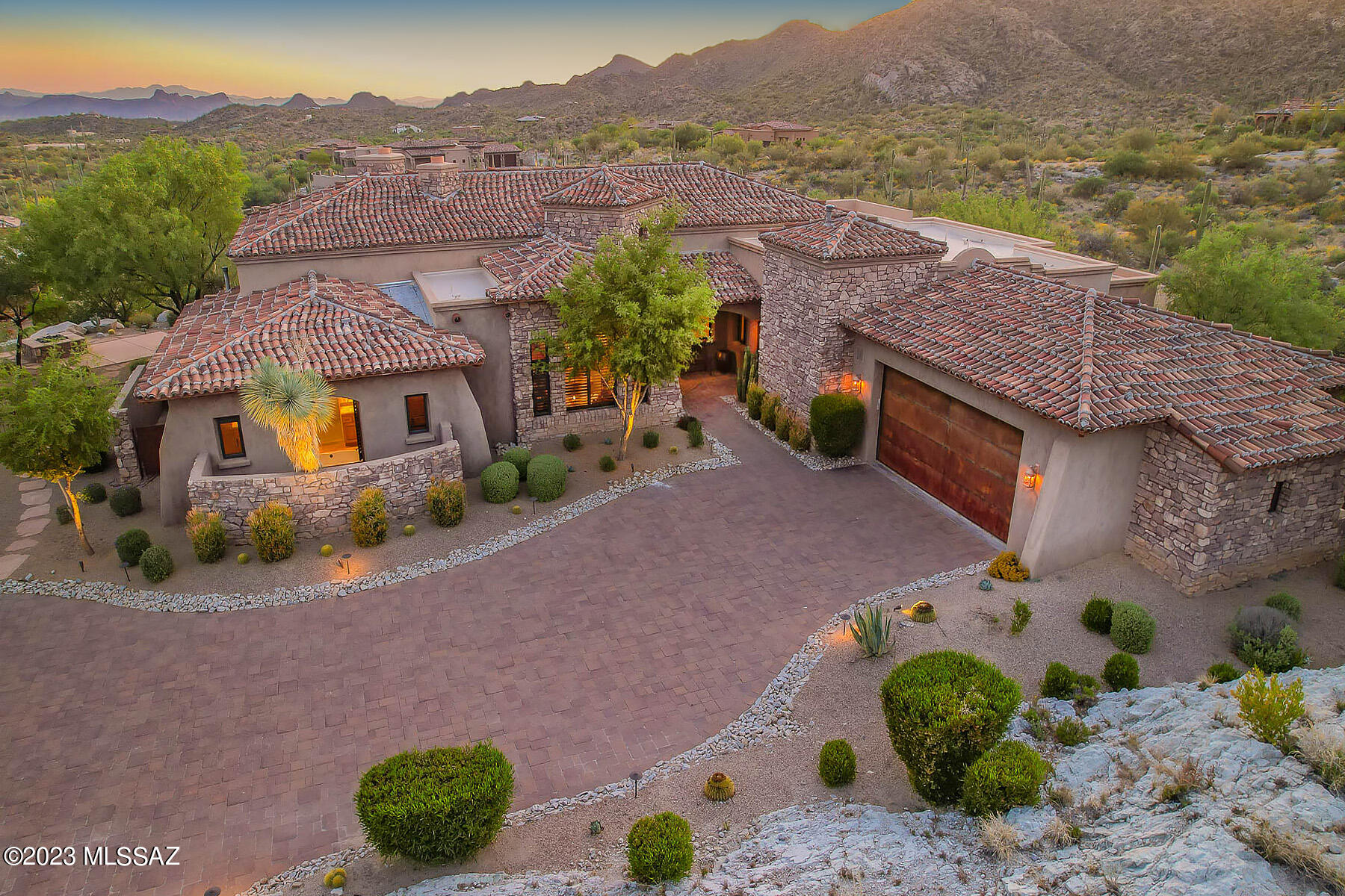 A must see perfect turn-key home!
Mediterranean/ Style home located in Tucsan Estates within the Premier Stone Canyon Club. A masonry constructed home on an elevated lot with panoramic views in all directions-Catalina Mountain and City views, Tucson Valley  and Tortolita Mountains, overlooking a dedicated conservation area as well. This 3550 sq. ft. split floor plan offering 3 en-suite bedrooms and 4 total baths. Outdoor living at it's best with expansive deep covered patio,  pool, spa, fire pit and built in BBQ .Spacious Kitchen with Viking Appliances, wine refrigerator, large pantry, in kitchen eating, plus bar seating. Stunning great room revealing beautiful views through double sliding doors. Nicely appointed guest suites with private doors to the outside. Private Master suite all to itself, with two walk in closets, dual vanities, jetted tub and separate shower. Oversized two-car garage with plenty of storage. This price includes almost all furnishings, excluding art, personal items and dishes and glassware.