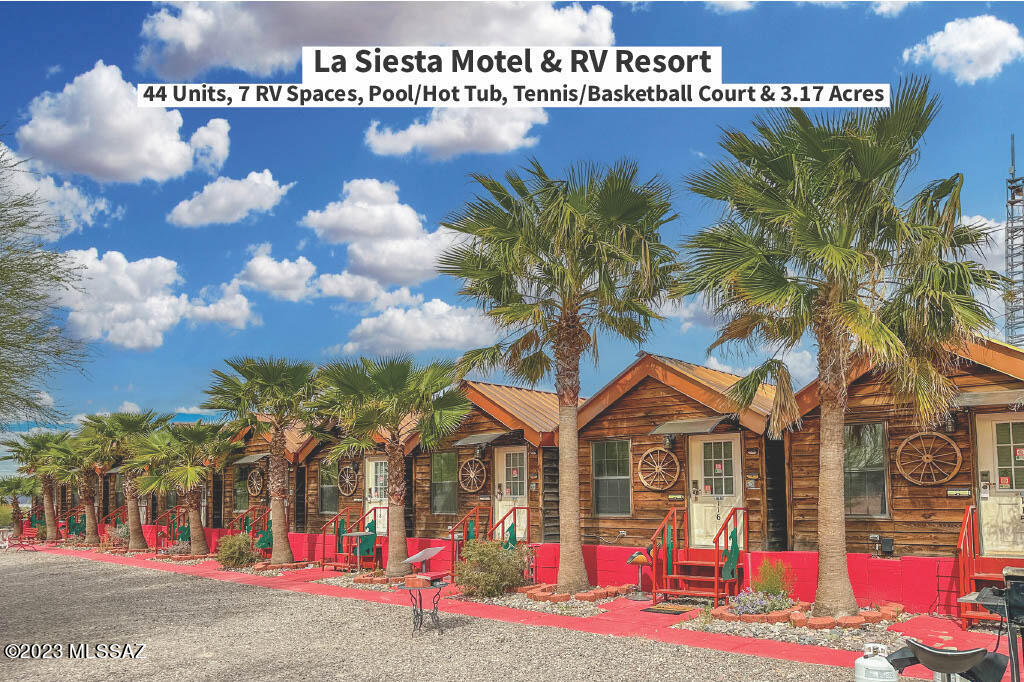 La Siesta Motel & RV Resort in Ajo, AZ. 44 units & 7 rv spaces. 100% occupancy since 2019. 7 rv spaces for
additional revenue. 2022 Revenue was $1,629,123. 3 Unit Types: 19 Small Cabins (200 SF), 14 Super Cabins (325-395 SF), & 11 Rooms (330 SF). Each unit is equipped w/ small kitchenettes, fridge, microwave, wifi, AC, coffee maker, & 65 inch TV. 3.17 acre lot w/ heated & cooled pool/spa, basketball/tennis court, 25 barbecues, 7 gazebos, picnic tables, lush mature landscaping, 3BD/2BA mngr house & a 2 BD/2BA apt/office. 7 rv spaces include full hookups. Located in the historic town of Ajo, Arizona, known for its beautiful desert landscapes & rich mining history. Conveniently situated near Ajo Historical Museum, Cabeza Prieta National Wildlife Refuge, & Organ Pipe Cactus National Monument. La Siesta Motel & RV Resort is located in the historic town of Ajo, Arizona, known for its beautiful desert landscapes & rich mining history. The property is conveniently situated near many local attractions, including the Ajo Historical Museum, the Cabeza Prieta National Wildlife Refuge, & the Organ Pipe Cactus National Monument.