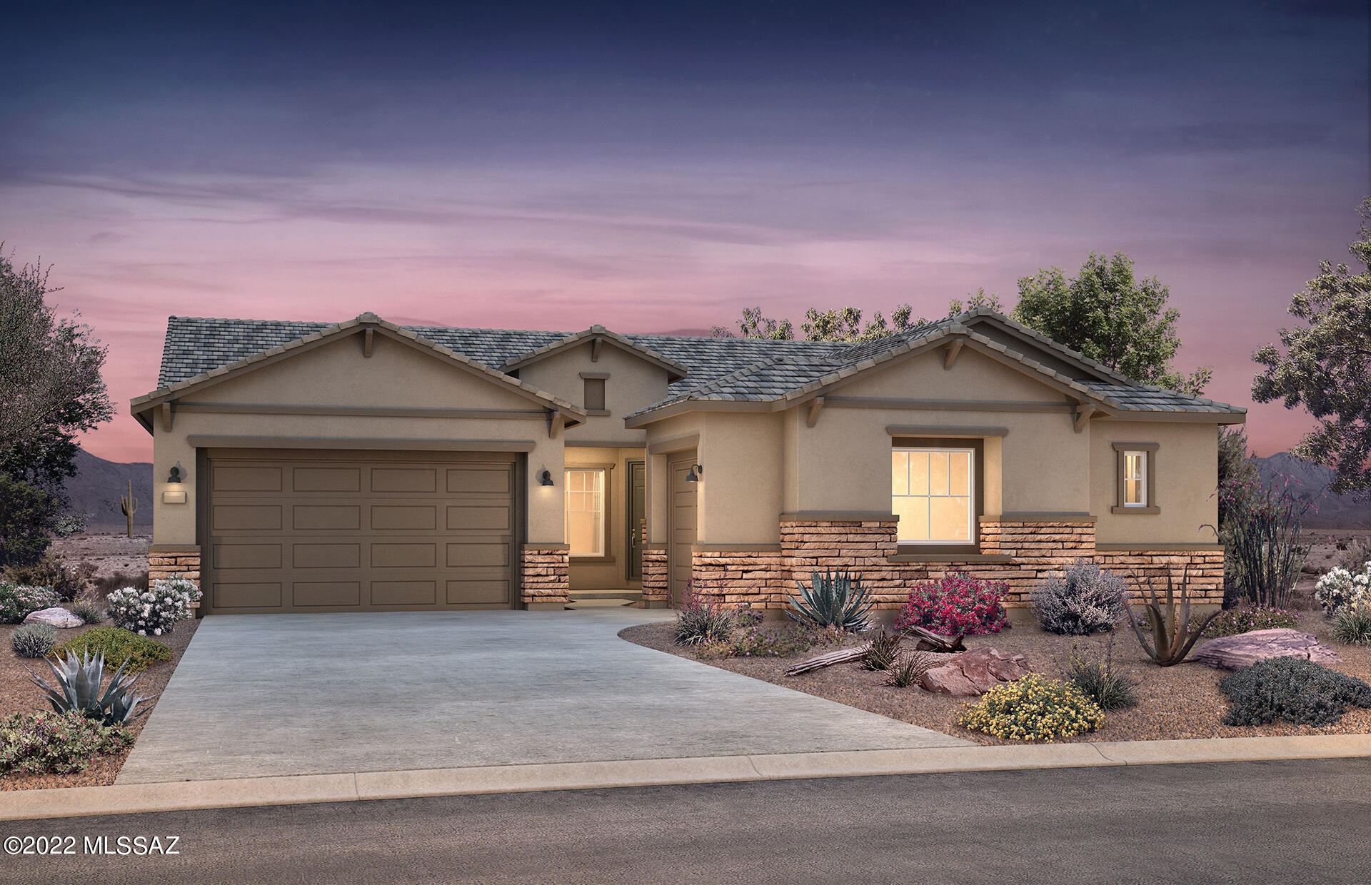 This popular Patagonia home design features a Spanish style exterior elevation. This home comes complete with front yard landscaping, Chef Lux kitchen with 42'' upper cabinets, upgraded maple cabinets, quartz countertops in all baths & kitchen, electrical package and surround sound wiring, 8ft. doors, stainless steel appliances and beautiful 12x24 flooring throughout home minus bedrooms and closets.