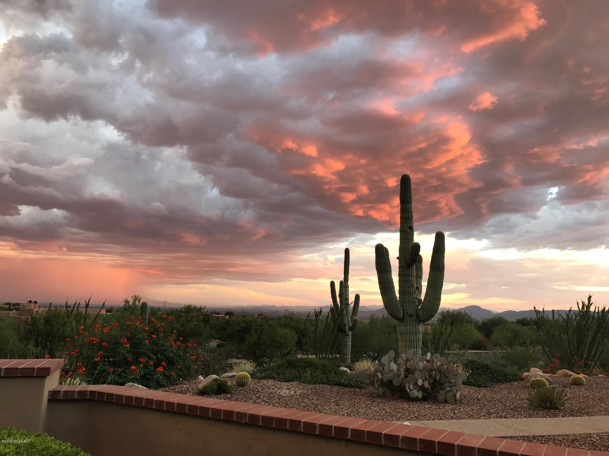 Enjoy privacy, casual elegance and abundant natural light throughout this exceptionally sited 1999 Stu Willoughby Southwest Territorial home- located in prestigious, 24-hour Guard-Gated beautiful Pima Canyon Estates. Incredible sweeping mountain and city views abound from this 1.16 acre elevated corner and cul-de-sac lot. Stunning giant saguaros and natural Sonoran Desert views from both patios and every window. Recent interior and exterior paint, soft curved walls, alder doors, beamed, planked and corbelled ceilings and gorgeous Mexican Saltillo flooring grace this comfortably spacious 3593 sf, 5BD (or 4+Study), 2.5 Bath, 3-Car garage w/34 feet of California Closets custom cabinets. Granite countertops, center island with storage, newer SS GE Cafe, Electrolux appliances, garage door openers, lighting, and bath fixtures. NEW SS BBQ, pool cleaner and fully coated roof, ALL with transferable warranties. Perfect for entertaining, relaxing, yet just minutes away from top schools (open enrollment), golf, shopping and some of Tucson's finest restaurants. The Pima Canyon Estates community enjoys hiking trails and year-round thoughtfully planned events. Welcome home!
