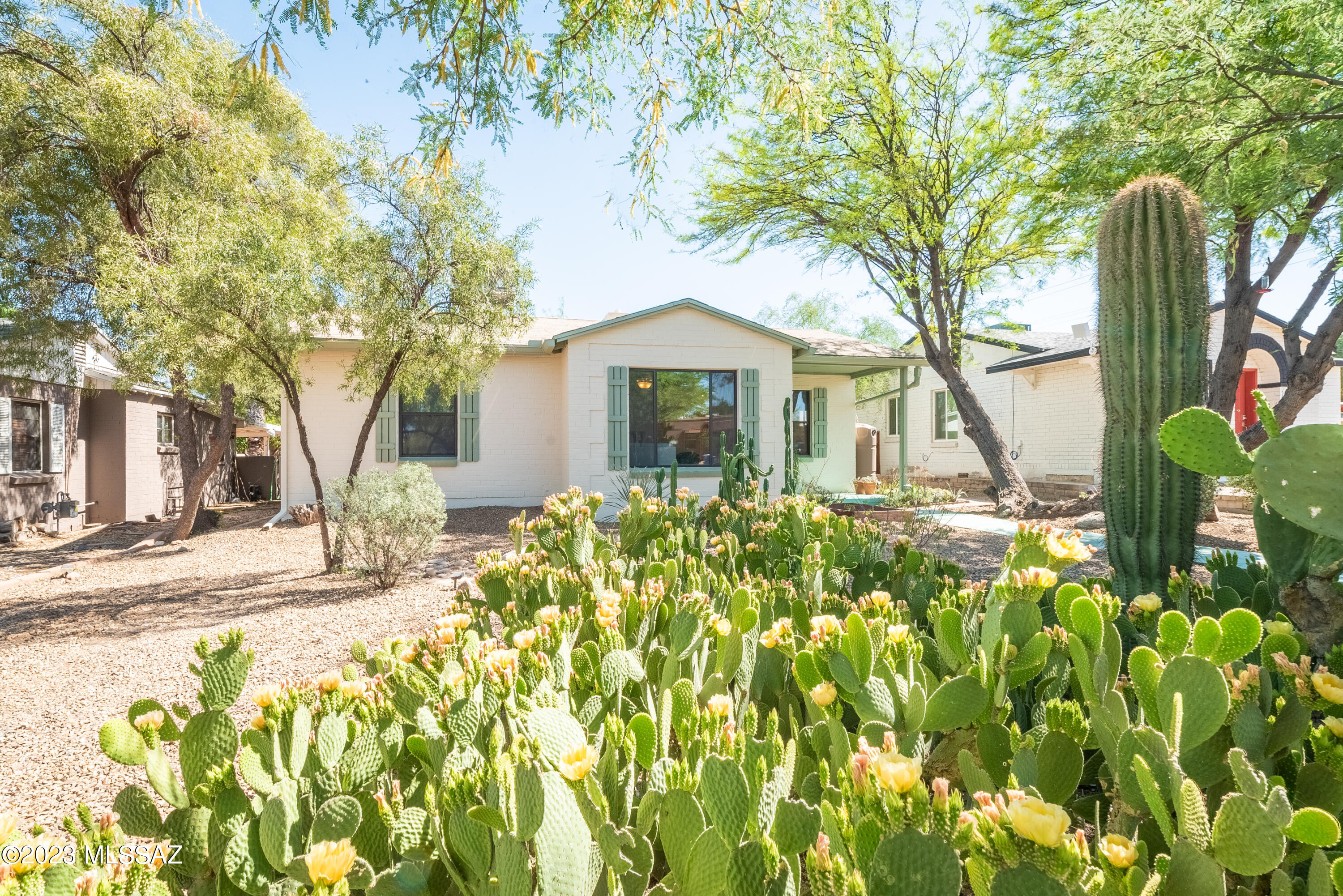 Beautifully maintained 3 bedroom / 2 full bathrooms only 1 mile from UA/Banner! Large lot with lush, mature trees and low maintenance landscaping with pavers / artificial turf, carport with locked storage accessed with sliding wood gate to alleyway. Exterior newly painted 2023, HVAC unit replaced 2021, both bathrooms and fixtures remodeled 2020. All stainless appliances with granite countertops, lovely natural wood cabinetry. Rainwater harvesting (front and back) and garden beds ready! Low maintenance vinyl plank and tile throughout. Less than 1 mile from Culinary Dropout, Prep and Pastry, Flower Child, and dozens more stores and restaurants. This is an absolute must-see, as you will feel the love and care that has gone into this home! Schedule your showing today! Agent/Owner.