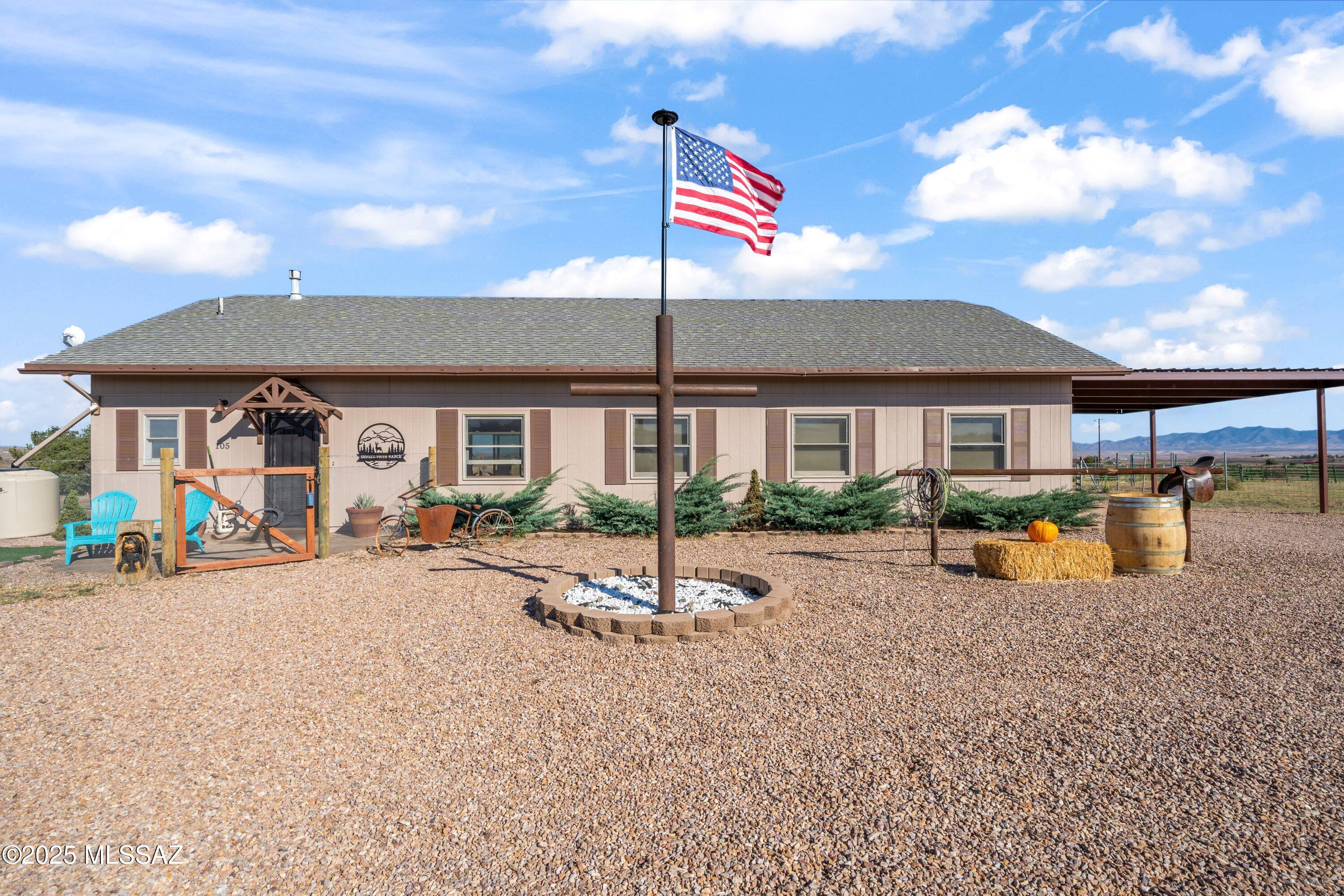 Turn key & freshly remodeled 5 acre horse property in sought after Los Encinos neighborhood.  Elevated view lot with 360* views.  Newly added master bath & 4th bedroom/office. Sonoita has been named one of the ''New Napas'' by Wine Enthusiast Magazine!  Sonoita sits at 5,000 ft elevation, Where the rugged mountains meet the grasslands.  Walking distance to the Rodeo/Fair grounds. New 24x24 covered patio (steel framed) Attached 24x24 carport. Beautiful LVP flooring, stunning solid wood expresso stained cabinetry & all appliances are included!  For your animals, a beautiful barn, let me say it's a beauty! 910 SQFT, 6 stalls w/ turnouts.  3 newly added RV spaces added for friends or residual income!  Dining & shopping nearby! Current owner improvements & other recent improvements:
Added 4th bedroom, could be office
Added new master bathroom
Added steel carport, 24x24
Added steel covered patio cover, 24x24
New paint inside & out
New paver patio back yard
New fencing back, side and 1/4 steel mesh for critter control
Metal gate at driveway entrance
120 ton of driveway rock added
3 RV pads, 2-w/110 electric and 1 w/ water (lower entrance)
Extensive landscaping work
built in paths on property
New rear gutters
Steel cross, hitching post & flagpole
Gutter water catchment system
propane piped for generator
Pentair water filter & conditioning system
2021 new HVAC, water heater   
910 SQFT barn, 6 stalls w/ turnouts.