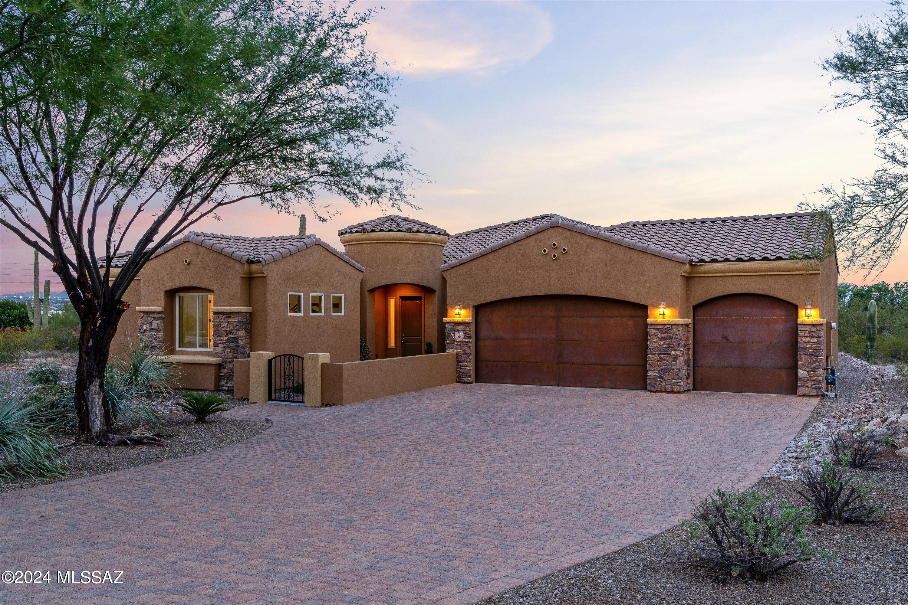 No HOA, No carpet- Discover this stunning Cornerstone Home on 3.66 acres in the sought-after Silver Shadows cul-de-sac, offering breathtaking mountain views. This meticulously maintained home features a total of 3 bedrooms, 3 full bathrooms, formal dining, an office/den with double doors, and an attached guest quarters/in-laws suite with a flex room and a private entrance. Tons of natural light streaming through tinted windows. The gourmet kitchen boasts upgraded cabinetry, double ovens, stainless steel appliances, a walk-in pantry, and granite countertops with a huge island with breakfast bar. Enjoy a long paver driveway leading to an extra deep 3-car garage, plus additional parking. Recent upgrades include fresh paint interior & exterior, a tankless water heater, a water softener conditioner system and a new brand HVAC. Outside, enjoy the front yard gated courtyard or entertain by the sparkling salt water swimming pool, all while taking in the stunning Catalina Mountains. Experience luxury living on acreage, conveniently close to everything.