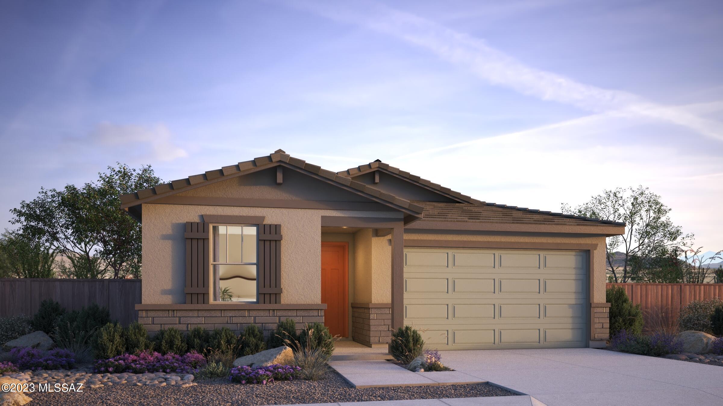 This 3 bedroom, 2 bath Ginger plan in a Ranch elevation, features spacious open Greatroom with dining area and covered patio. Kitchen has Whirlpool appliances including refrigerator, dishwasher & gas range, granite counters, upgraded cabinets, tiled backsplash and a corner walk-in pantry. Split floor plan has Owner's suite, 2 secondary bedrooms and Flex room for added convenience. Includes: Refrigerator!  Washer/Dryer!! Faux wood blinds!!!  Minutes to freeway, downtown & UofA.
