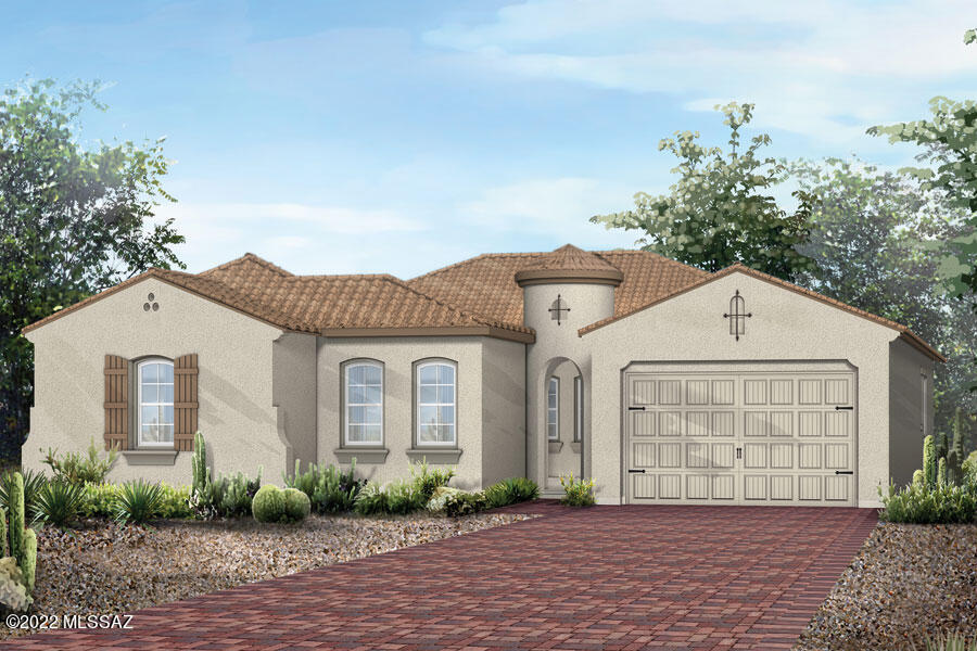 Popular Cimarron plan with Spanhish elevation. This open-concept layout features spacious great room, a Gourmet kitchen with breakfast nook, formal dining room and enclosed den. Gourmet kitchen features: 36'' gas cooktop, electric oven, built-in microwave, granite counters, tiled backsplash, handy Pots/Pans drawers & walk-in pantry. Additional upgrades include walk-in shower in owner's bath, tile surrounds in bath 2, paver walkway, driveway, courtyard & portico, laundry base cabinet with sink, multi-slider at covered back patio, additional hose bib, gas BBQ stub-out, additional coach light.