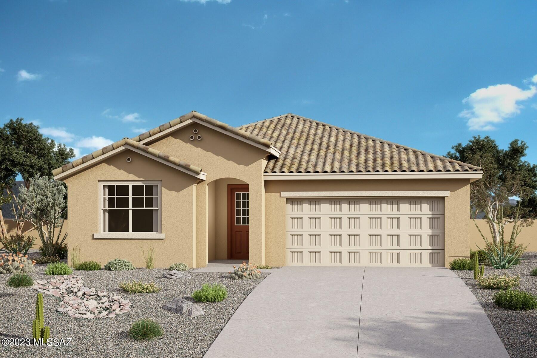 The Aqua floorplan with Spanish elevation, offers a spacious and modern living experience with 3 bedrooms, an open greatroom/kitchen/dining area. Kitchen features granite countertops,  center island with tons of seating space, sink & dishwasher and a corner walk-in pantry. The 8' interior doors add a touch of luxury, while the 2-car garage provides ample parking space. The Owner's suite boasts a massive walk-in closet, separate vanities, and a beautifully tiled walk-in shower. A practical Stop-n-Drop area just inside the garage entrance makes daily life easier, and the covered patio is perfect for outdoor relaxation and entertainment.