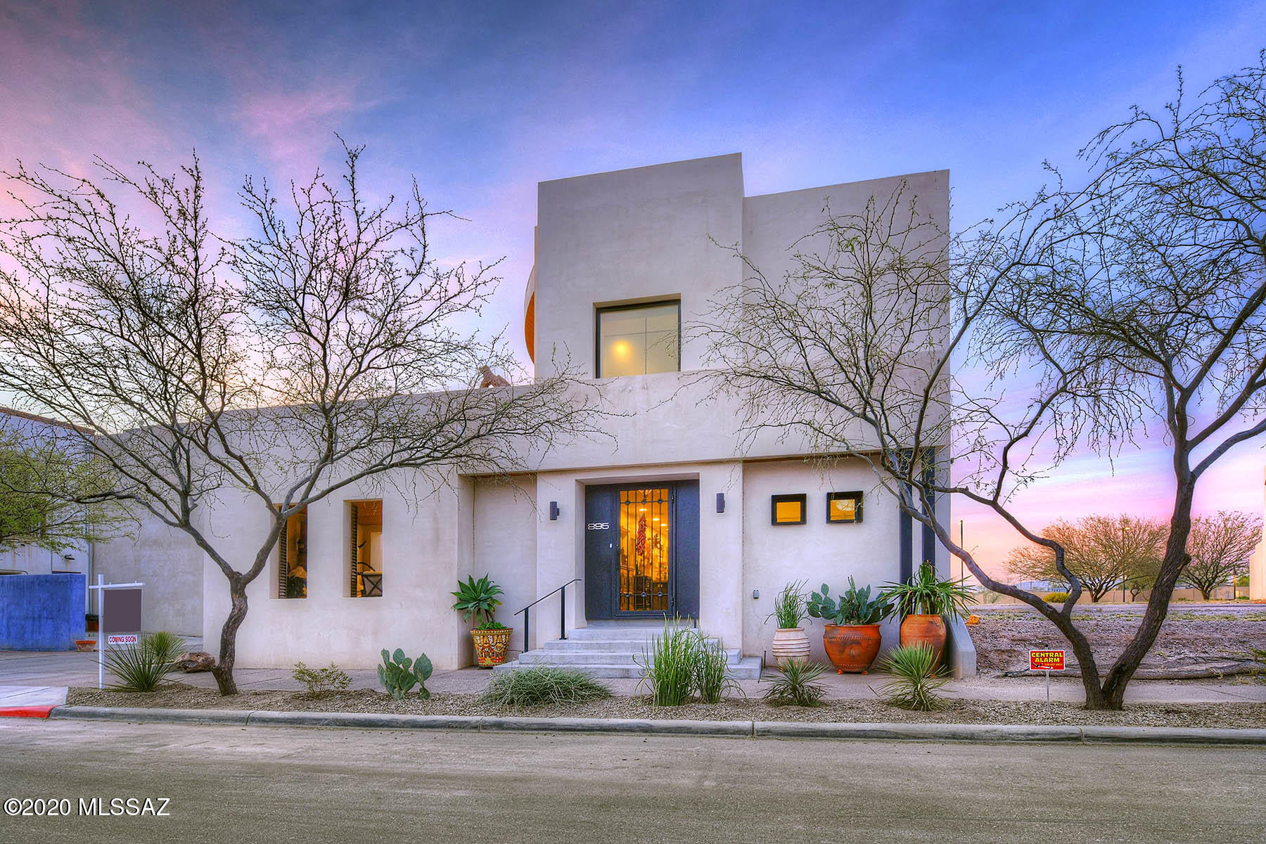 A rare find.Iconic home in the village of Mercado San Agustin.Elegant & luminous,custom home w/ versatile flrplan & European feel.Spacious & airy greatrm downstairs w/integral colored concrete flrs; plankwood flrs cover the bright,roomy upstairs.Beautifully appointed kitchen w/ample storage,dining area, walk-in pantry & SS appliances.Private office & bedrm downstairs & full bathrm.Upstairs offers guest bedrm w/ensuite bathrm,office & MSTR bedrm w/ensuite bathrm.Wonderful roof top patio for city lights & mountain views.Private covered patio yard,pool & veranda.Double corner private interior lot & the only home w/pool in the Mercado! Steps to shops & restaurants of MSA&Annex, Catepillar,the Modern Streetcar to downtown,UA,Banner Hospital.This gem offers a Tucson walking lifestyle