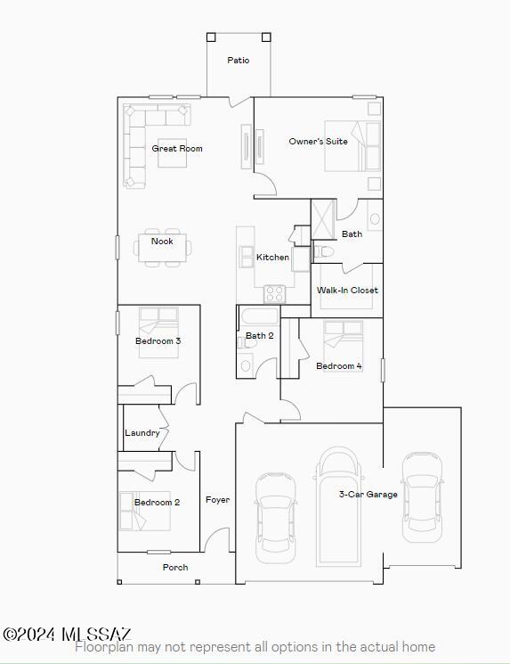 This new single-story home features a modern layout with room to grow. An inviting open-concept floorplan consisting of the kitchen, living and dining areas is surrounded by four spacious bedrooms. The restful owner's suite is tucked into a private rear corner, complete with an en-suite bathroom and walk-in closet. A three-bay garage completes the home. This home includes GE® stainless steal appliances, Rinnai Tankless Water Heater, Granite Countertops, Taexx® built-in pest control system, 2'' faux wood blinds, LED lighting and so much more!