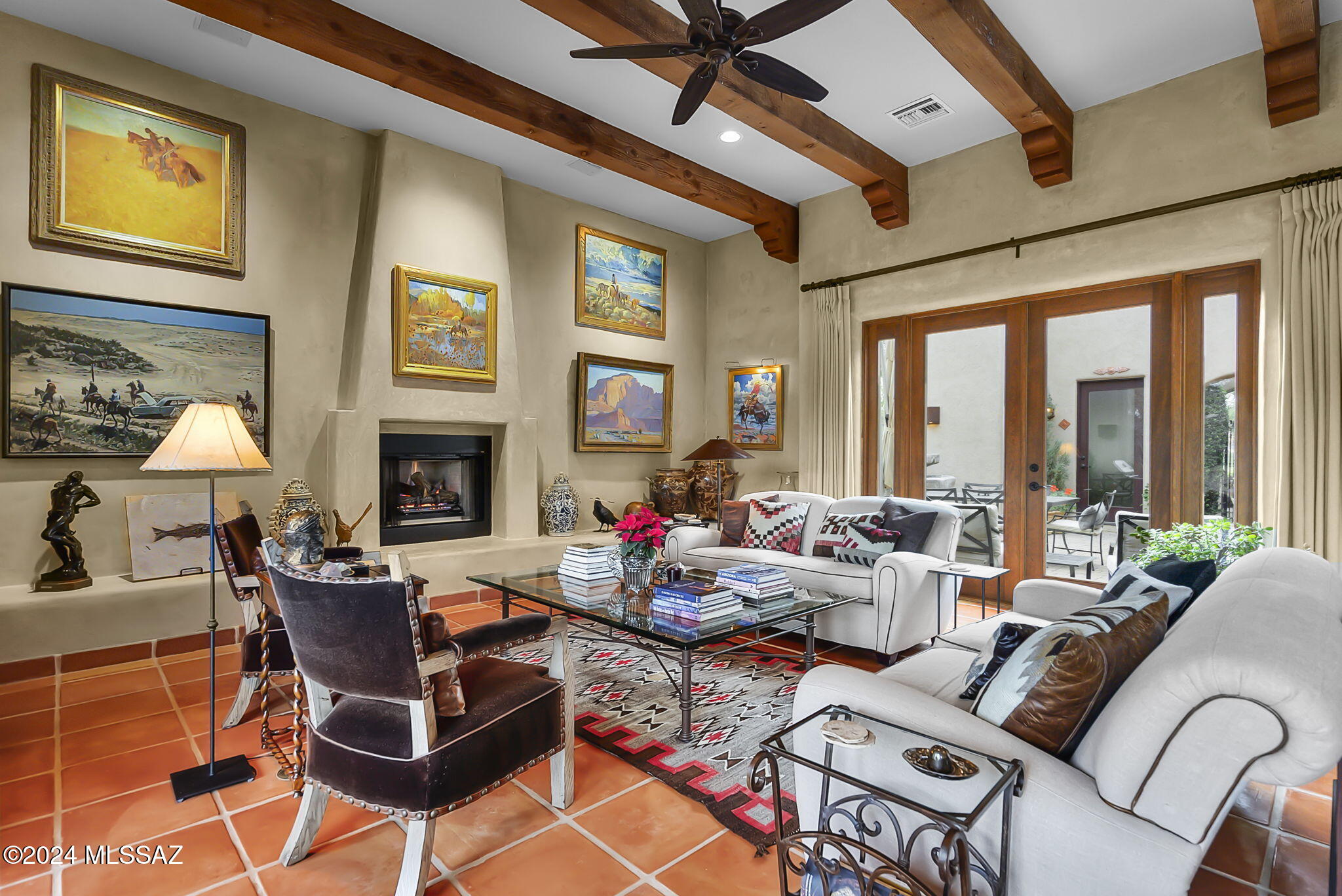 Step into your new luxury home in the heart of the Tubac Resort!  Elegant finishes begin in the front courtyard and entryway and continue throughout the home with 12 ft ceilings, exposed beams, custom lighting and custom plaster walls. Designed for outdoor living, the great room opens to the private front courtyard and to the back patio retreat overlooking Anza 6 toward the Santa Rita Mountain Range. The gourmet kitchen features a  Viking range, custom cabinetry, limestone countertops, and a dining area. Down the hall, double doors open to the spa-like primary suite and ensuite with a walk-in shower and soaking tub.  Additional features include a casita and sky deck. 2245 SF 3 Bed/3/5 Bath/3 Car garage.