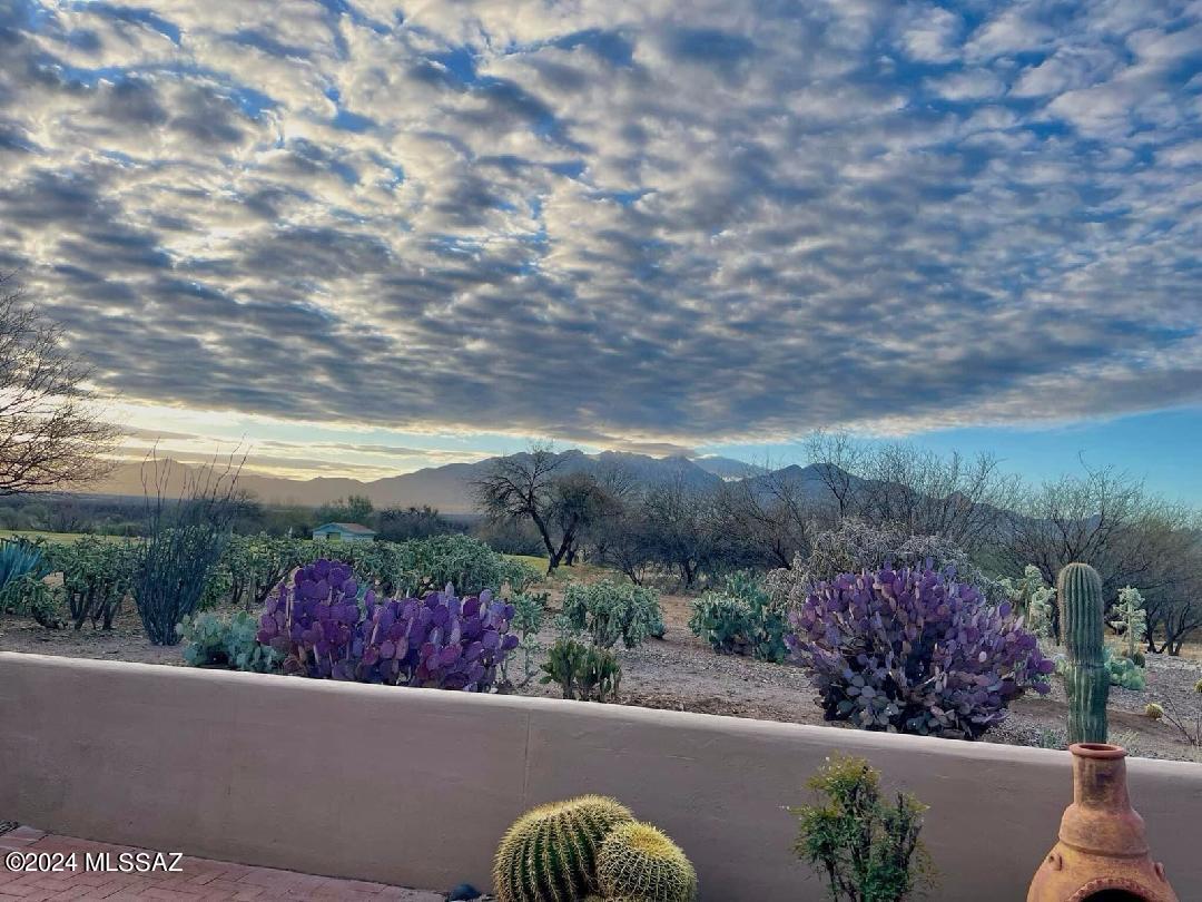 Nestled on a serene corner lot , this exquisite  property offers unparalleled panoramas of the majestic Santa Rita Mountains, lush desert landscaping and neighboring golf course.  The heart of this home is a modern kitchen w/quartz countertops, designer backsplash, stainless appliances and a coffee bar. Excellent floor plan w/ 2 split bedrooms, 2 updated bathrooms, fireplace and a one car garage w/storage area.
Updates include newer exterior paint, newer HVAC, new lighting and fan fixtures, tiled and gated front entry, covered and paved back patio w/electronic awning and much more.
This home offers a private corner lot with breathtaking scenery and is located next to a nature trail and is less than a block to the GVR center w/pool, spa, fitness center and pottery club.