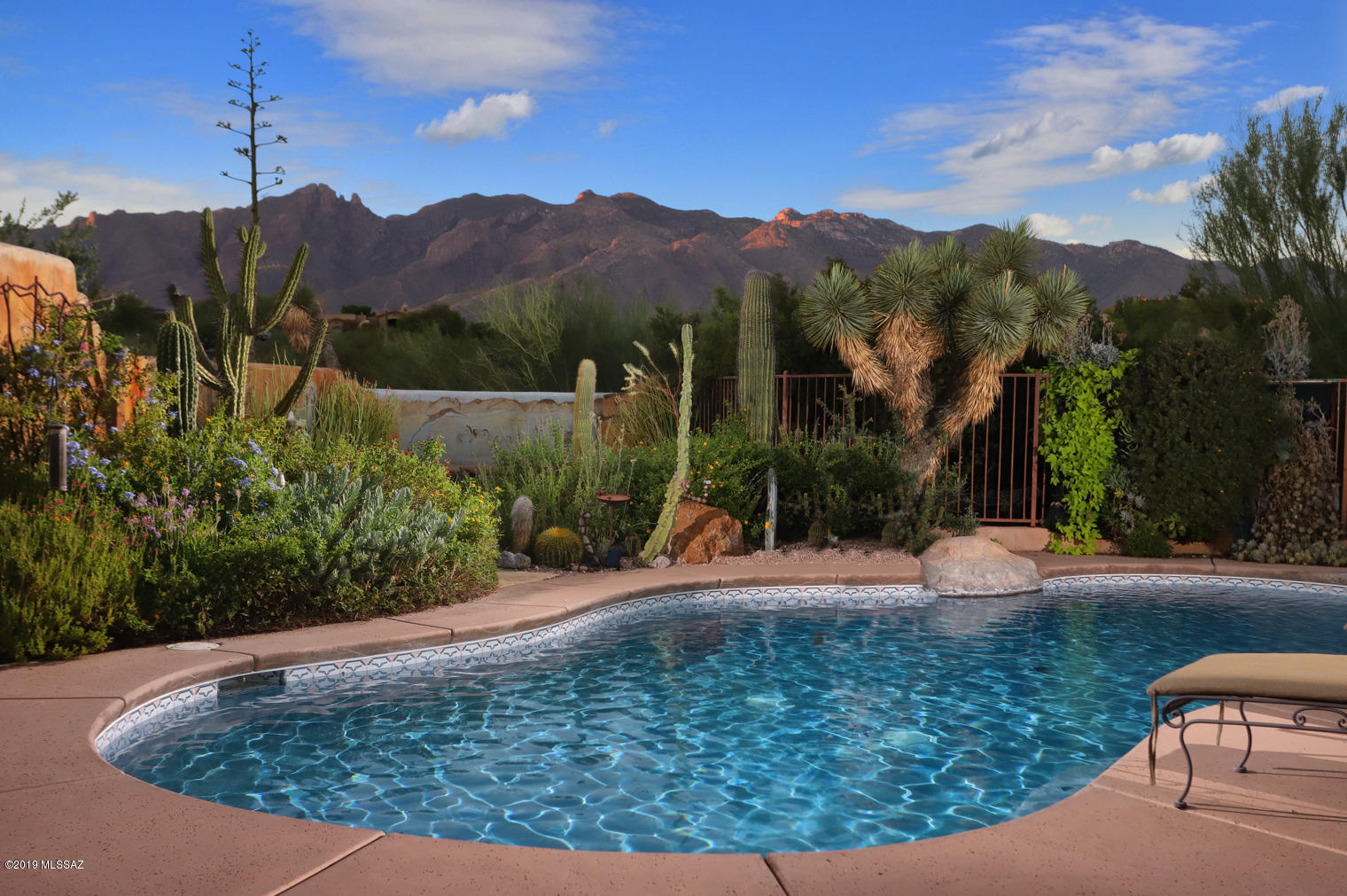 Stunning, move in ready. Panoramic views, bordering 2+ acres of common grounds. 45'x30+' Great room with 14' ceilings with covered patios on the long sides. Fabulous, walled, lush yard (desert plants) with sparkling pool., elevated spa & waterfall with great view of the Catalina Mtns. off 1 covered patio. Other patio with firepit & built in BBQ overlooks lush desert, common area. Gourmet kitchen with grand island & Bkfst bar--new appliances. Large master suite--bath with dual sinks, separate shower & jetted, garden tub & Travetine tile. Newer 19 Seer HVAC systems; all new (windows & sliding doors, pool heater, water softener, on demand hot water heater). Owned (not leased) solar. Perfect, rare condition home with those views! Convenient to UofA,Downtown & Shopping.