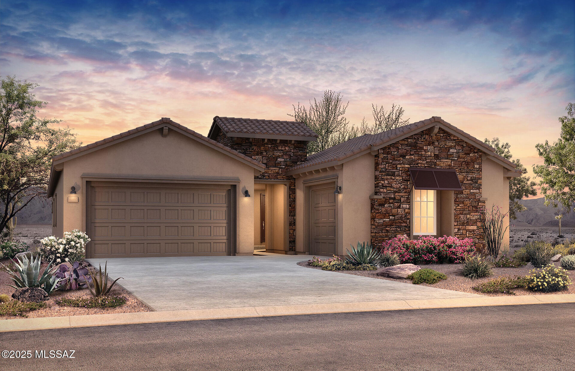 Close by Dec/Jan - Last Home in Ironwood Estates. This spacious 4BR/3BA + den home sits on an oversized lot with no backyard neighbors in a gated Oro Valley community. Enjoy a desert view from the covered patio and a stylish stone exterior with paver driveway and breezeway. The 3-car garage, rear home extension, and dramatic gathering room with sliding glass door add space and style. The gourmet kitchen features a luxe island, gas cooktop, Whirlpool appliances, upgraded cabinets, and quartz counters. Bedroom 4 is a private suite. Includes flex room, smart home features, tankless water heater, pre-plumbed laundry sink, and outdoor gas stub. Your last chance to own in Ironwood Estates.
