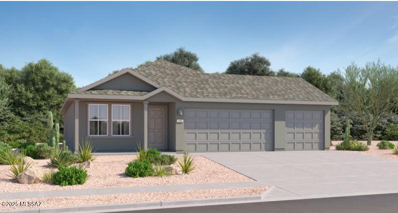 This new single-story home features a modern layout with an open floorplan consisting of a stylish kitchen, a dining nook and the Great Room, with a patio offering seamless indoor-outdoor transitions. Three bedrooms are tucked away to the side of the home for optimal privacy, including the spacious owner's suite. Residents will enjoy additional storage space and convenient parking with a three-bay garage. This home includes GE® stainless steal appliances, Rinnai Tankless Water Heater, Granite Countertops, Taexx® built-in pest control system, 2'' faux wood blinds, LED lighting and so much more!