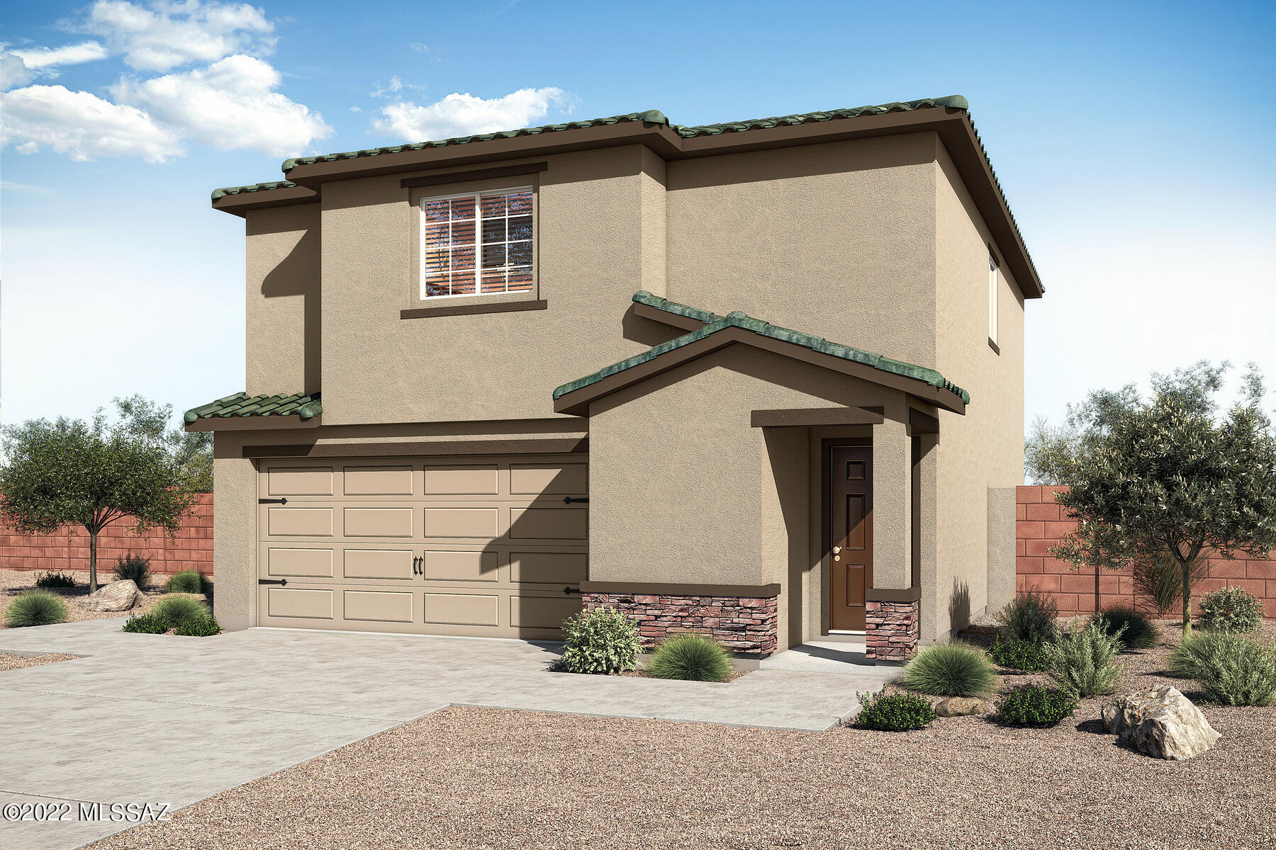 The Mesquite is a beautiful, two story home featuring an open floor plan with 4 bedrooms and 2.5 baths. The Mesquite showcases a spacious master suite complete with a large walk-in closet, an upstairs tech area, laundry room, 3 additional generously-sized bedrooms and a second full bath with dual bathtub and shower. This new home includes upgrades such as energy-efficient kitchen appliances, front yard landscaping and an attached two car garage. The living space downstairs opens up to the chef-ready kitchen with a center island, making it perfect for entertaining friends and family. In addition, this home is found in the family-friendly community of SC Ranch, offering residents access to a 1.3-acre community park within the neighborhood.