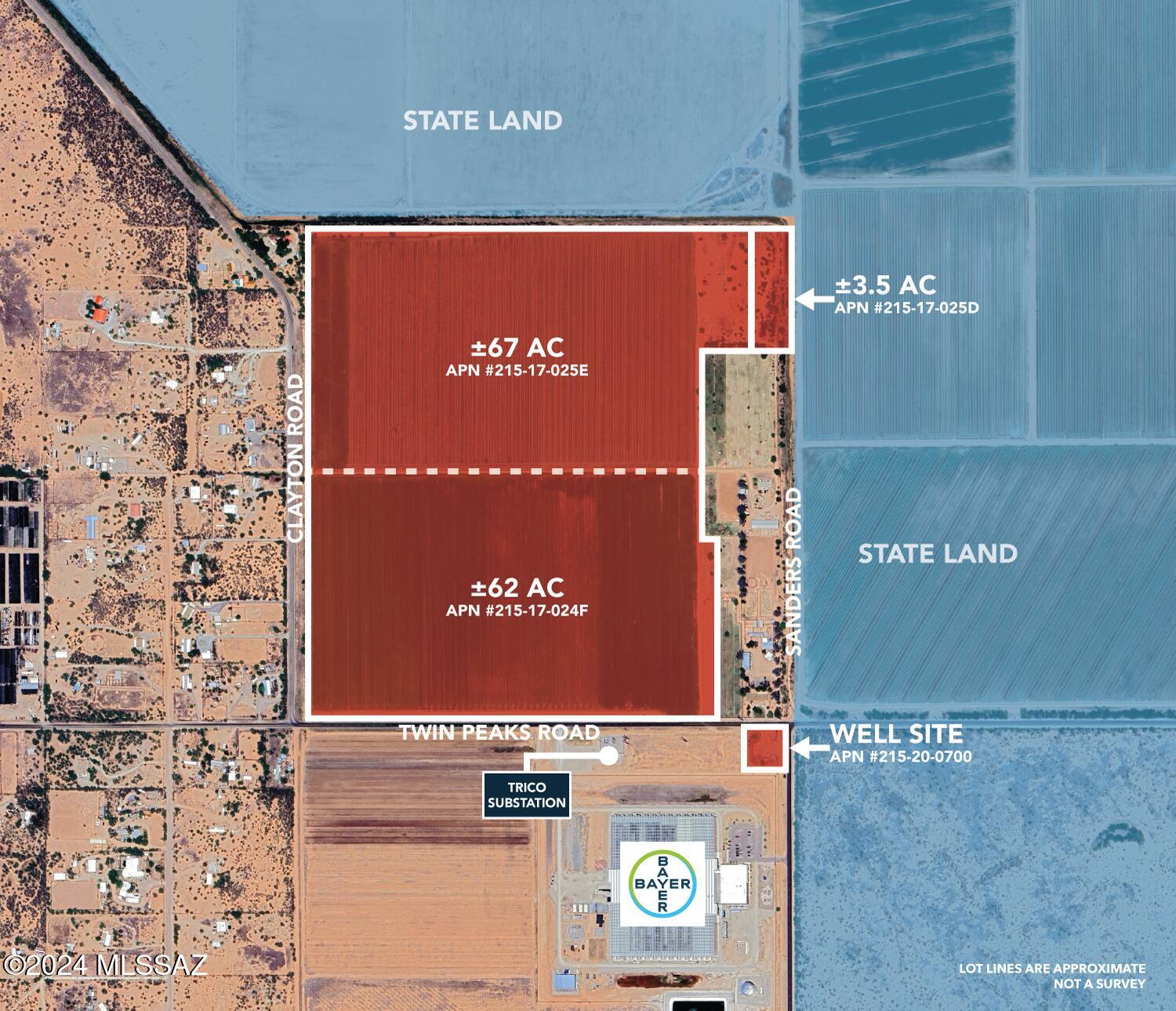 +/-135 Acres on Twin Peaks Adjacent to Marana - An Exceptional Investment and Development Opportunity! This expansive 135-acre farmland property, situated in Marana's path of growth, offers exceptional potential under the Marana General Plan for future industrial development. Strategically located next to Bayer's research and development manufacturing and greenhouse site, the land includes on-site power with utility infrastructure throughout, plus a power station just south for future power capacity. The property boasts flat land with ideal soil conditions for easy development, along with an agricultural well producing over 1,700 gallons per minute. It's also adjacent to the Marana Water District, offering potential for annexation into local water services. Surrounded by state land for future open space, this prime parcel could serve various development possibilities, such as a solar farm, data center, manufacturing plant, or even a residential subdivision. Annexation into Marana could potentially enable higher density zoning, making it suitable for a new subdivision or large Employment Center to meet Marana's rapid growth needs. As one of the fastest-growing towns in Arizona and the U.S., Marana presents a unique opportunity for investors. The seller offers flexibility, with the option to lease back the land for farming until development begins and to provide time for entitlement processes before closing. Don't miss out on this unique investment opportunity! Contact the broker for a detailed marketing brochure.

Important Note: Buyer to verify ALL specifics on the subject property. Including but not limited to, zoning, floodplain, topography, hydrology, legal and physical access, and utilities. Buyer to verify the intended use with zoning. Buyer to verify utility locations, costs, and accessibility. All details provided are for reference only. Please independently verify all information. Any markings or flags on photos and maps are approximate and not professional survey lines. Ask Broker for a list of certified professional engineers and planners to help in this due diligence verification.