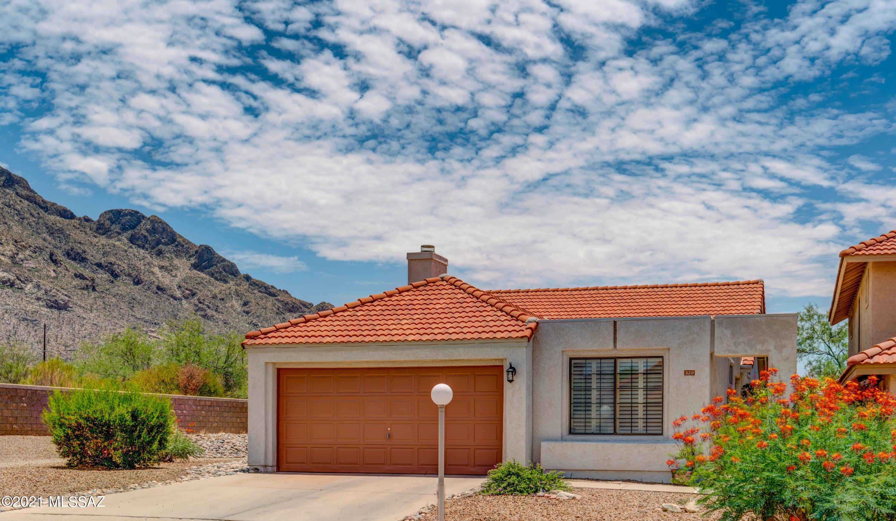 Charming 3BD/2BA (1,530 sq ft) home on cul-de-sac lot boasts outstanding mountain views & common area on two sides. No poly pipes! Enter and find a Great-room w/ fireplace, patio access & spectacular mountain views! Spacious kitchen features breakfast area, quartz counter-tops, plus ample cabinet & counter space. Extended Master suite w/ rear patio access hosts vaulted & raised ceilings, dual sinks, garden tub w/shower & walk-in closet. Two additional bedrooms with a full hall bath. Updated tile flooring in living/dining area, hallway & Master bedroom. Back yard features covered patio, spa hook-up, privacy & views. Walking distance to Community pool & spa plus convenient to shopping, dining, entertainment & the Hilton El Conquistador Resort. HOA fee includes trash & front yard landscape.