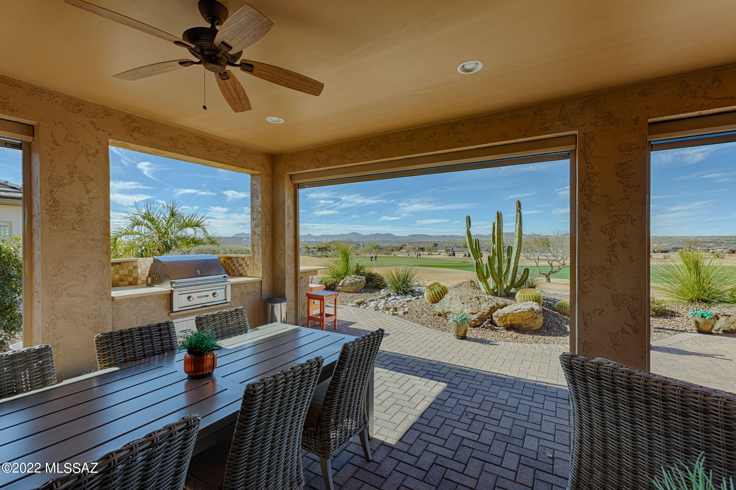Beautiful Home in Saddlebrook Ranch.  A popular Cortez Model (2053 sq. ft) with Casita (357 sq. ft.) on the 13th fairway of the golf course.  Exquisite views of the Tortellino Mts. and Open Desert.  Large Great Room w/ 11 ft. ceilings; Separate Dining Room; Grand Kitchen Island; Well Appointed Kitchen w/ Electric Range Top; Two Bdrm Suites with Showers; Generous Walk-in Closets; Spacious Den that has Multiple Uses; Separate Laundry Room; Deep Two Car Garage with Epoxy Floor; Golf Cart Garage and Extra Storage.  Patio offers 192 sq. ft. of Covered Outdoor Living Space; Electronic Shades on Patio offer privacy and comfort; the Built-in BBQ and Prep Space brings dining outside.  Two Built-in Wine Coolers are ready for entertaining Friends.  This Outstanding Home awaits you as you begin your Sonoran Desert Experience.